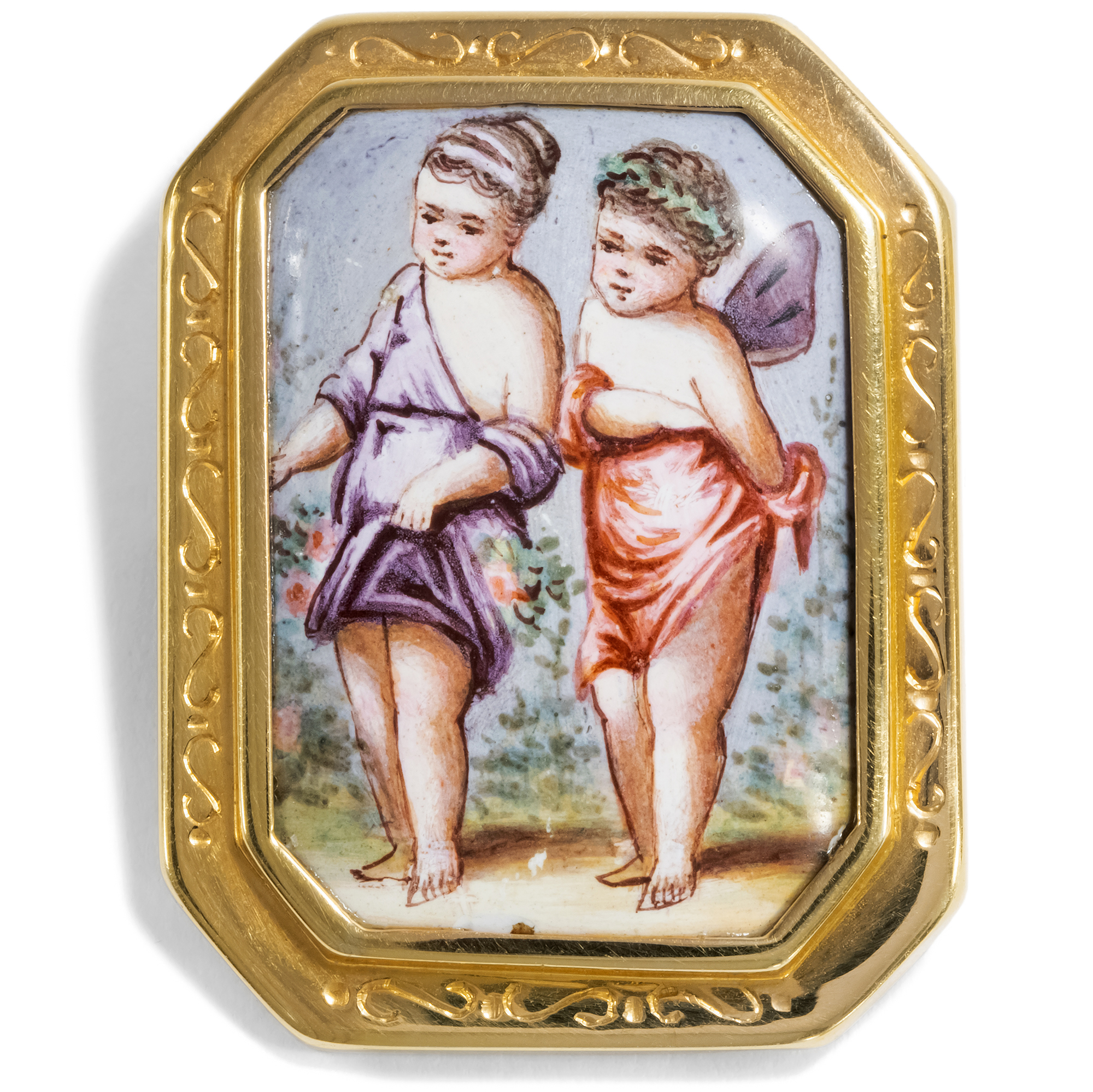 Anrührende Anhänger-Brosche mit Emailmalerei in Gold, um 1880 & später Anrührende Anhänger-Brosche mit Emailmalerei in Gold, um 1880 & später