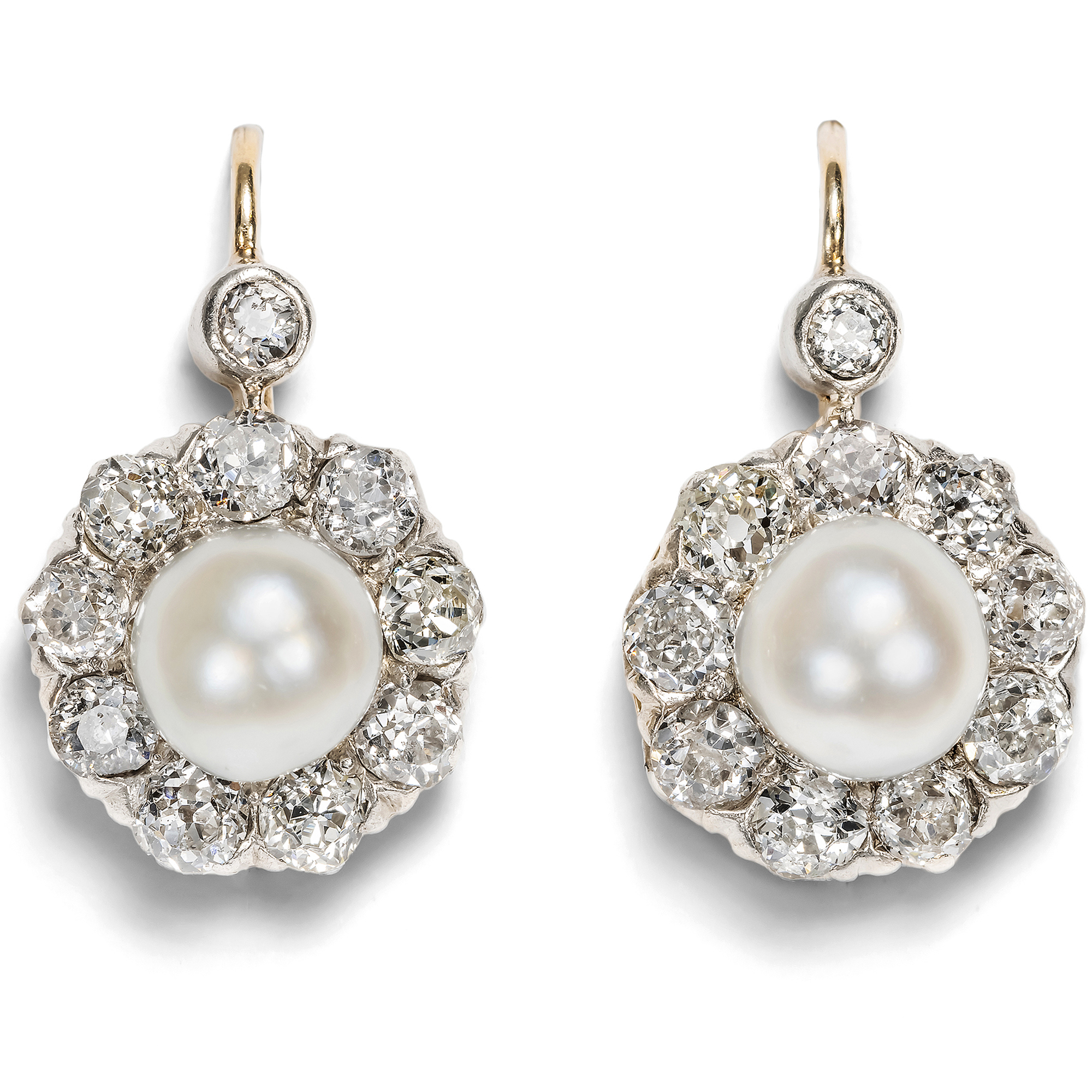 Antique Diamond and Pearl Dormeuse Earrings in Silver on Gold, c. 1895