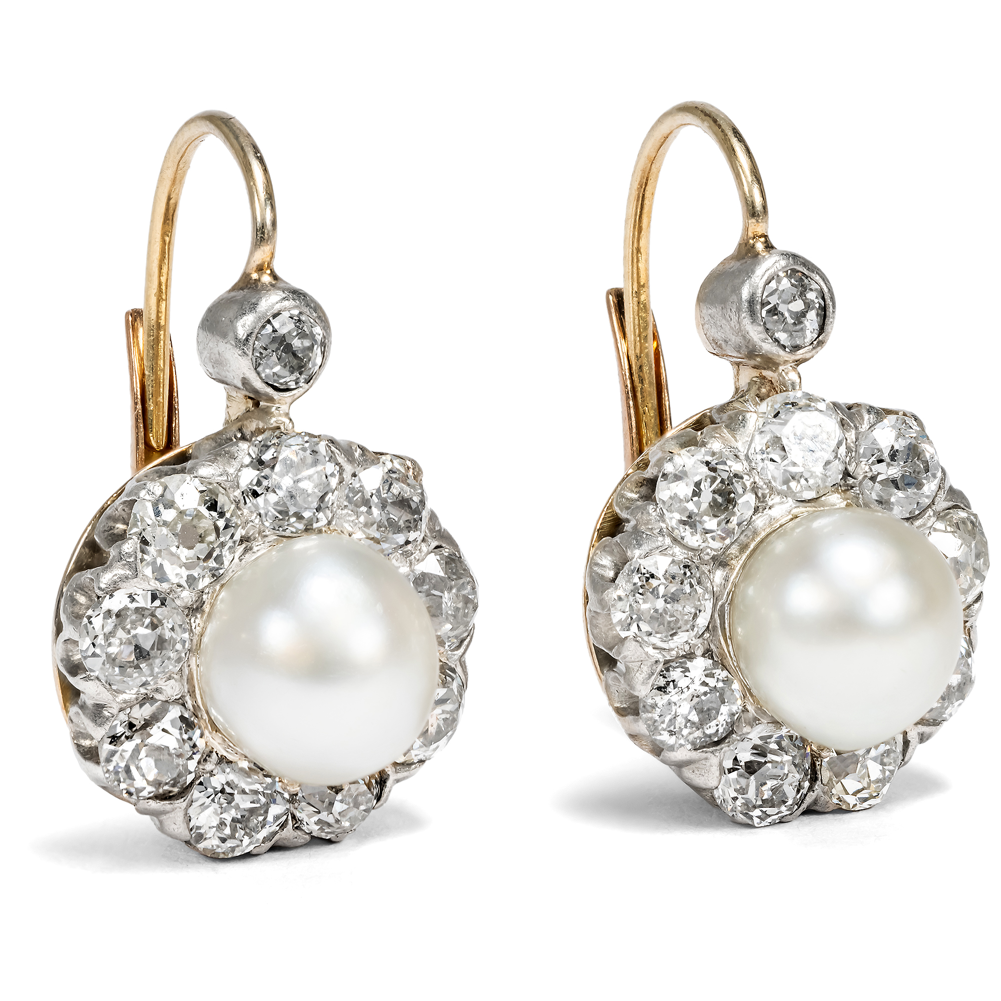 Antique Diamond and Pearl Dormeuse Earrings in Silver on Gold, c. 1895