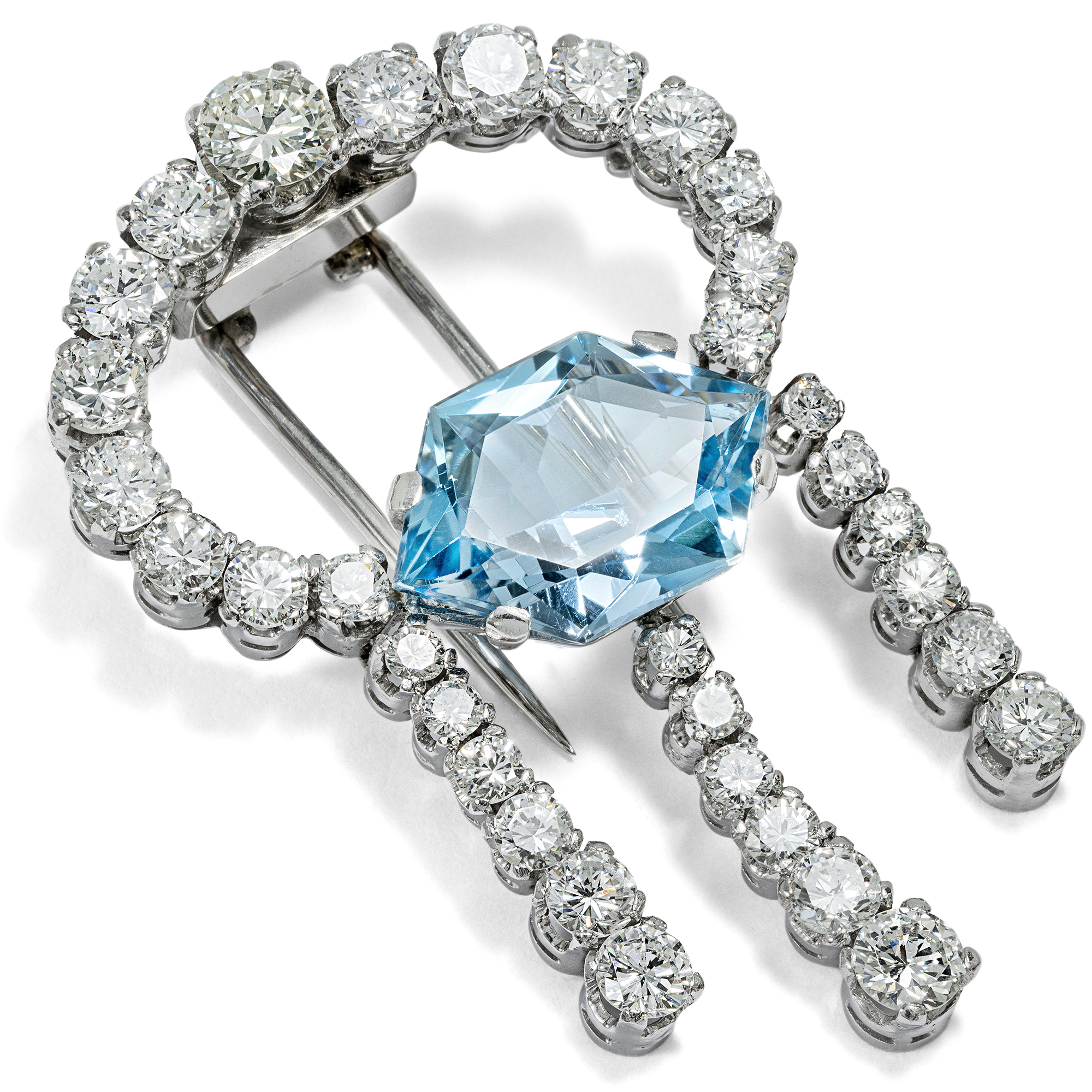 Vintage White Gold Clip Brooch with Aquamarine & Diamonds, c. 1965