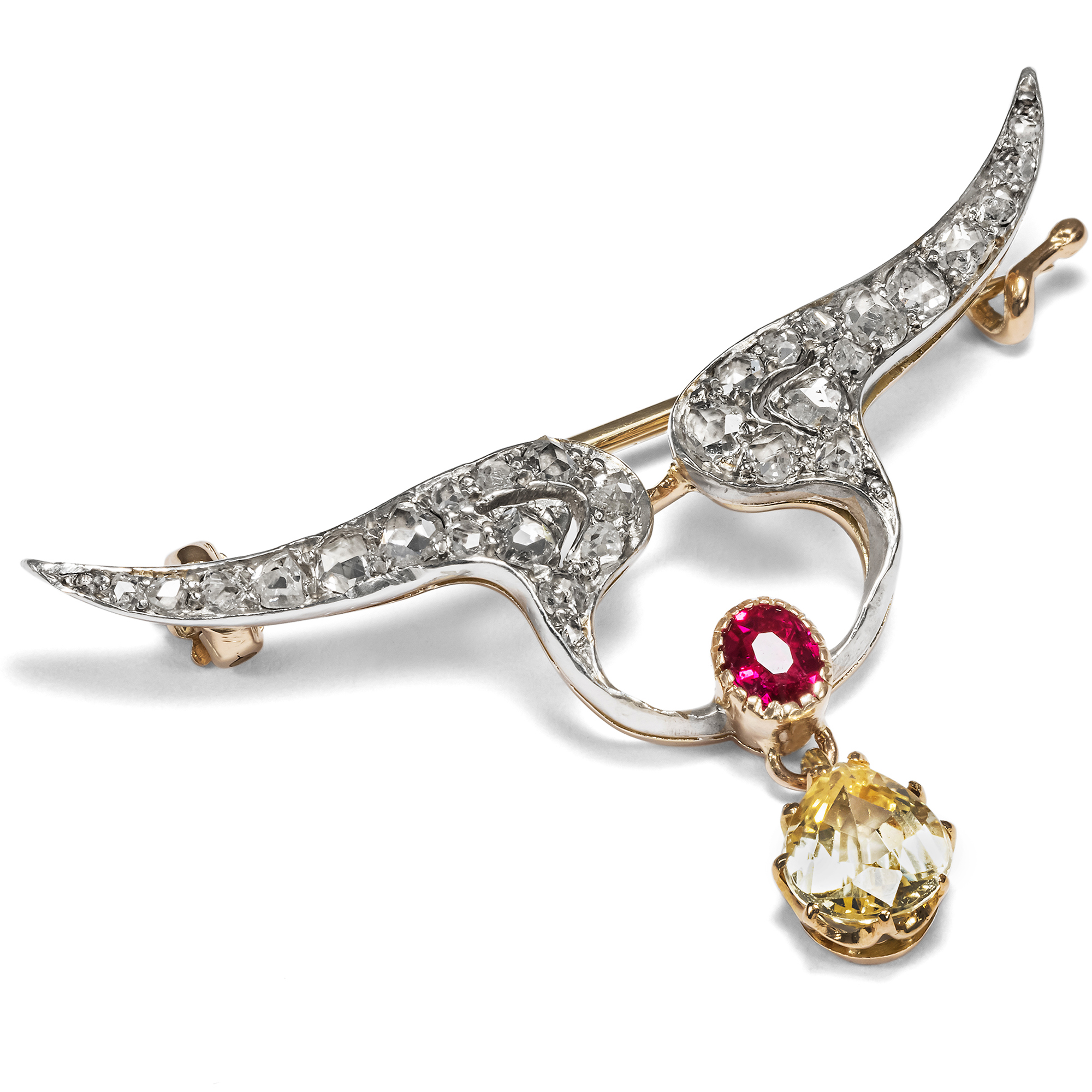 Antique Wing Brooch With Diamonds, Ruby And Yellow Sapphire, Russia Around 1900