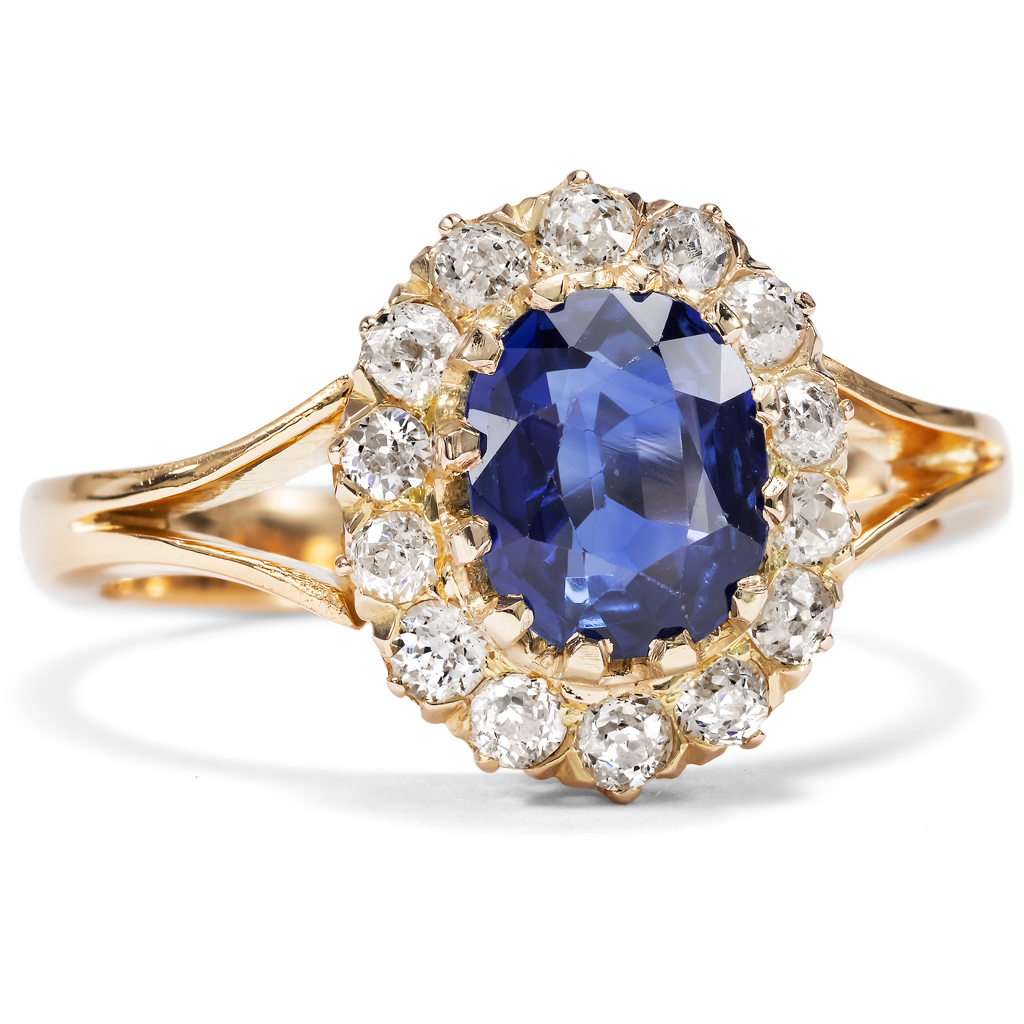 Antique Untreated Sapphire and Diamonds and Diamond Cluster Ring, c. 1890