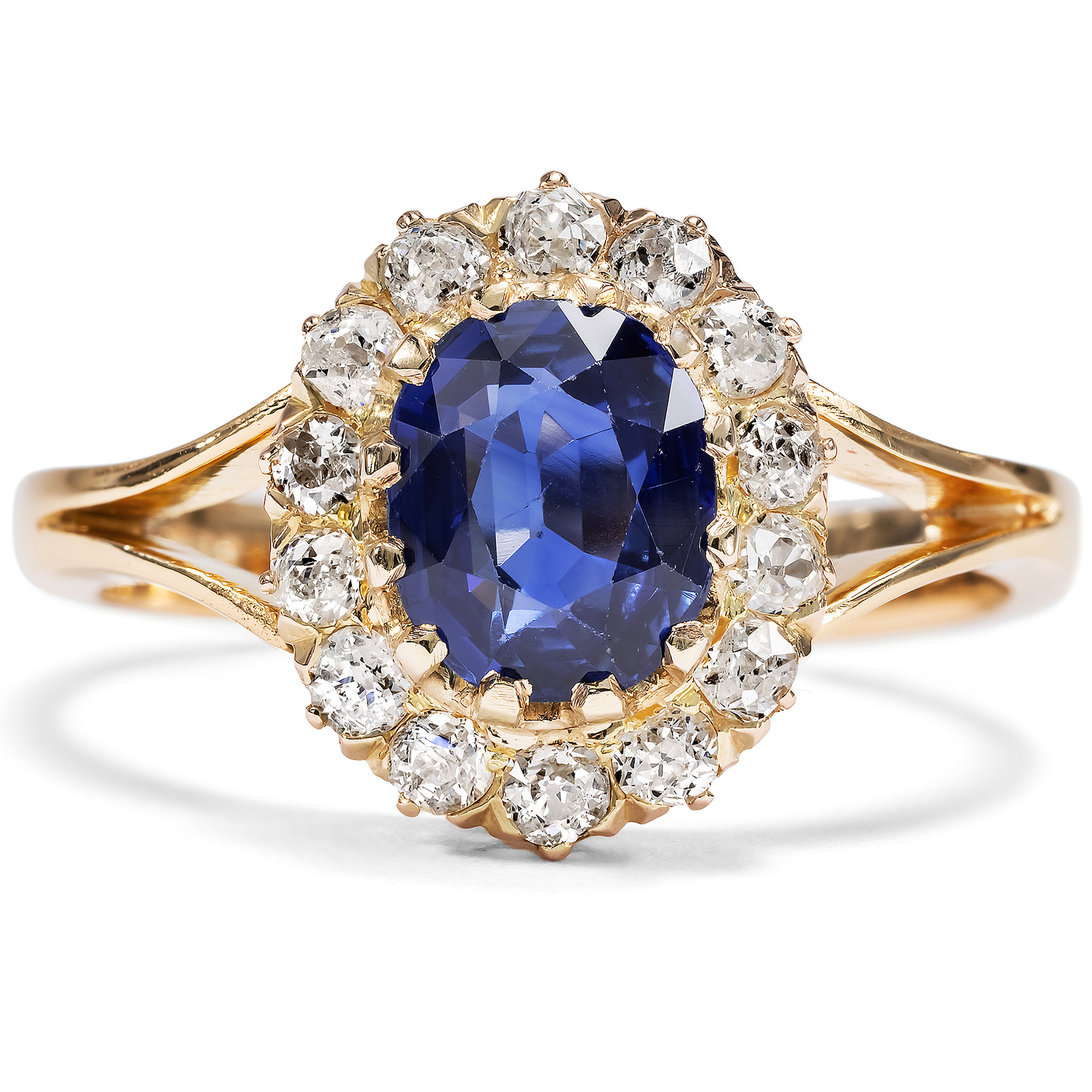 Antique Untreated Sapphire and Diamonds and Diamond Cluster Ring, c. 1890