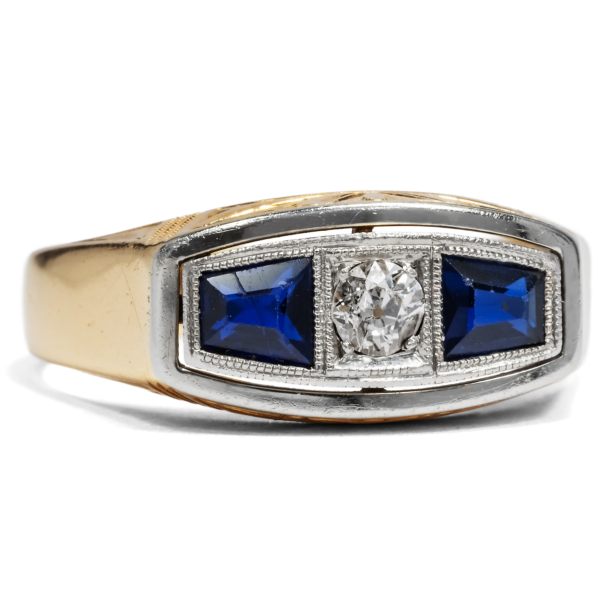 Stylish "Retro" Ring With Diamond & Synthetic Sapphires In Platinum & Gold, USA Circa 1930