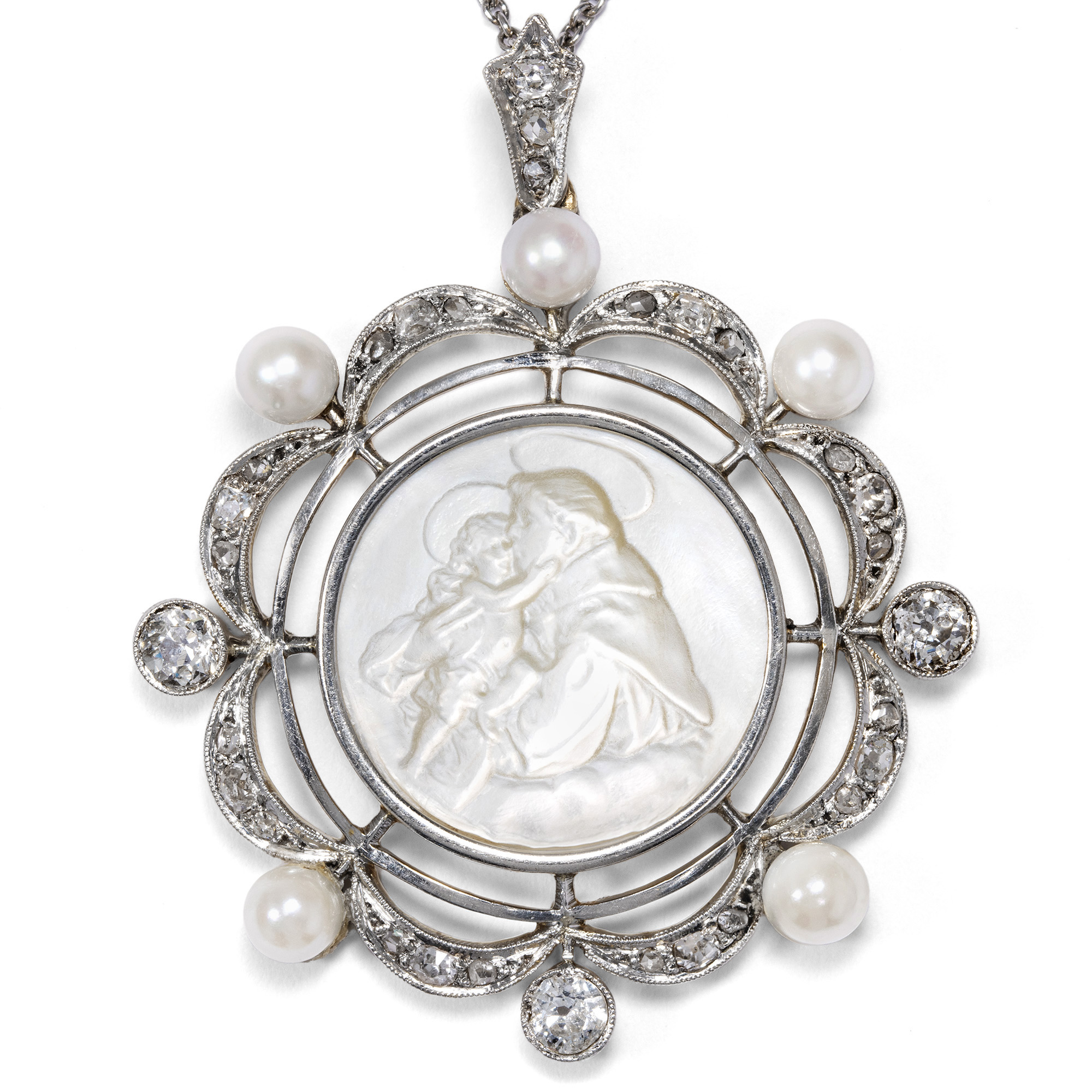 Delicate Antique Pendant with Mother-of-Pearl Cameo of St. Anthony of Padua, c. 1910