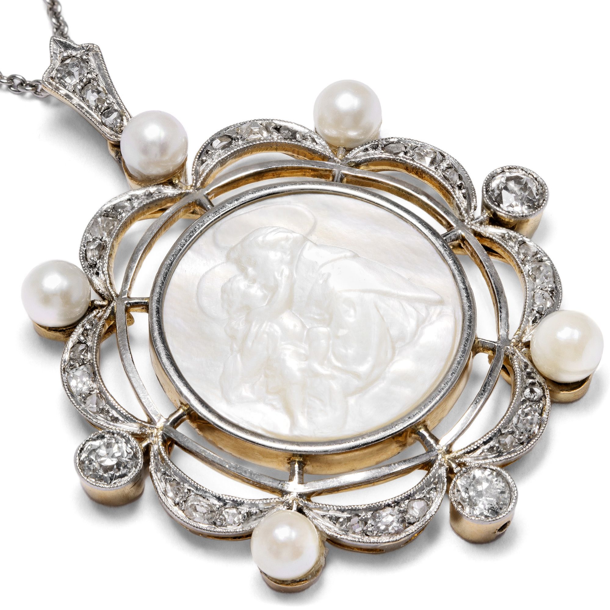 Delicate Antique Pendant with Mother-of-Pearl Cameo of St. Anthony of Padua, c. 1910