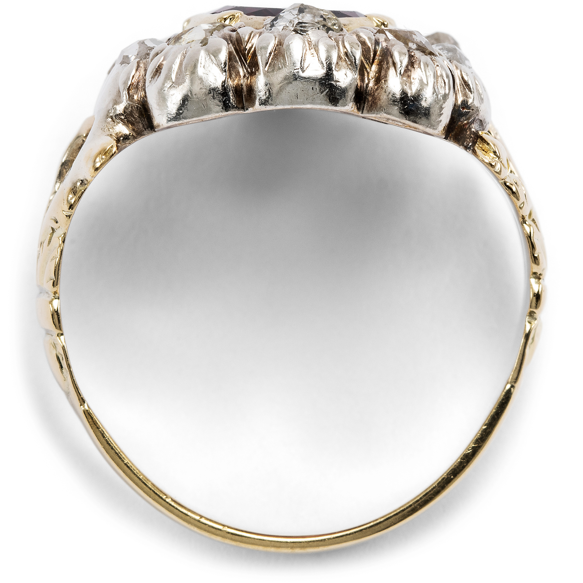 Antiker Ring aus Gold & Silber mit Diamanten & Granat, um 1880 Antiker Ring aus Gold & Silber mit Diamanten & Granat, um 1880