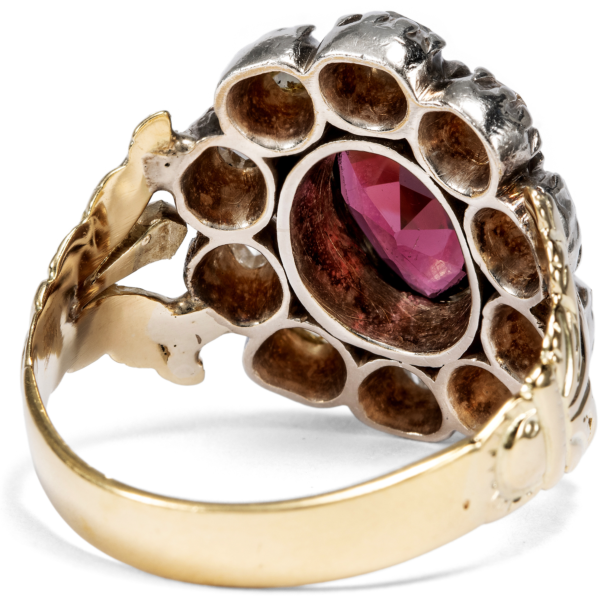Antiker Ring aus Gold & Silber mit Diamanten & Granat, um 1880 Antiker Ring aus Gold & Silber mit Diamanten & Granat, um 1880