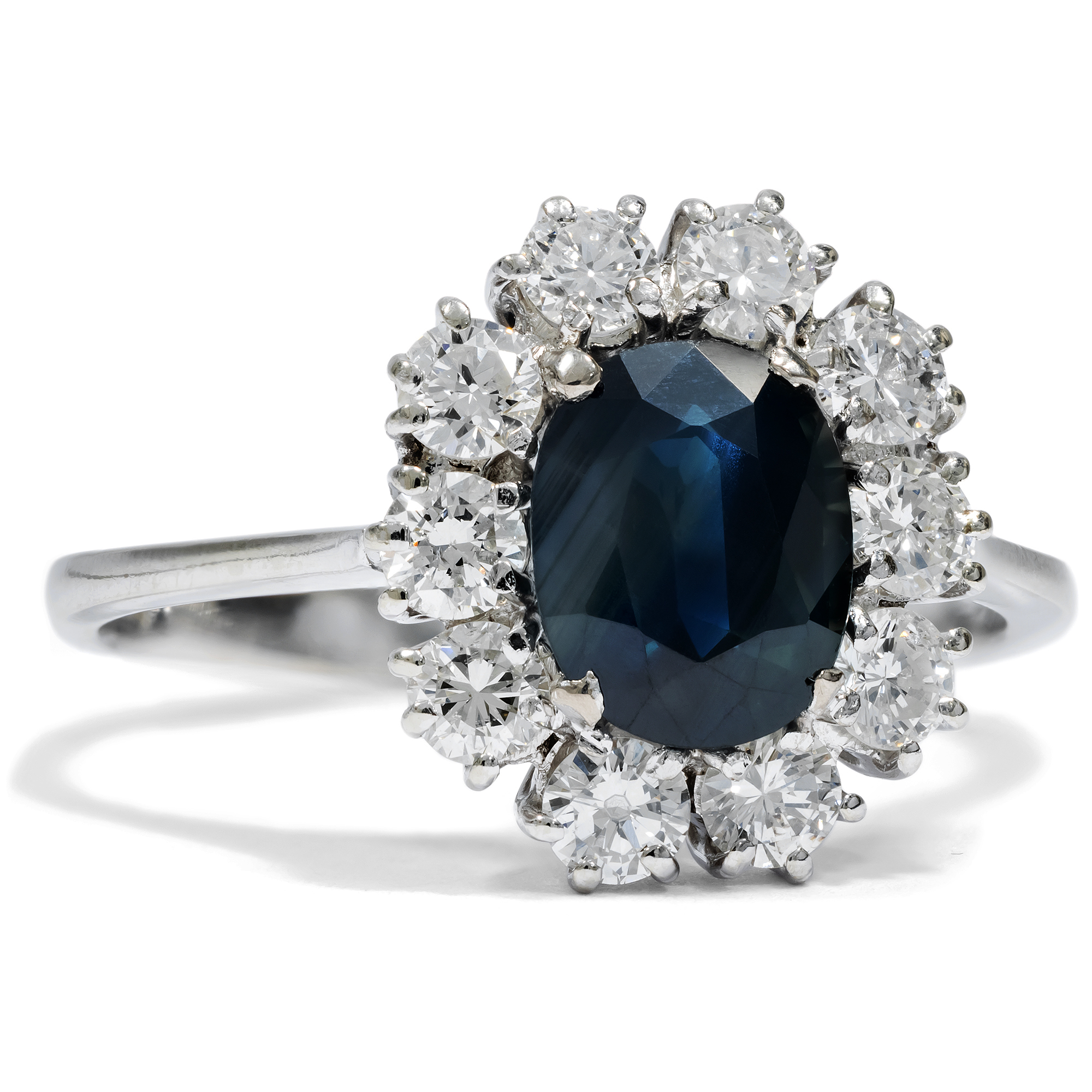 Vintage Cluster Ring with Untreated Sapphire & Diamonds in White Gold, c. 1980