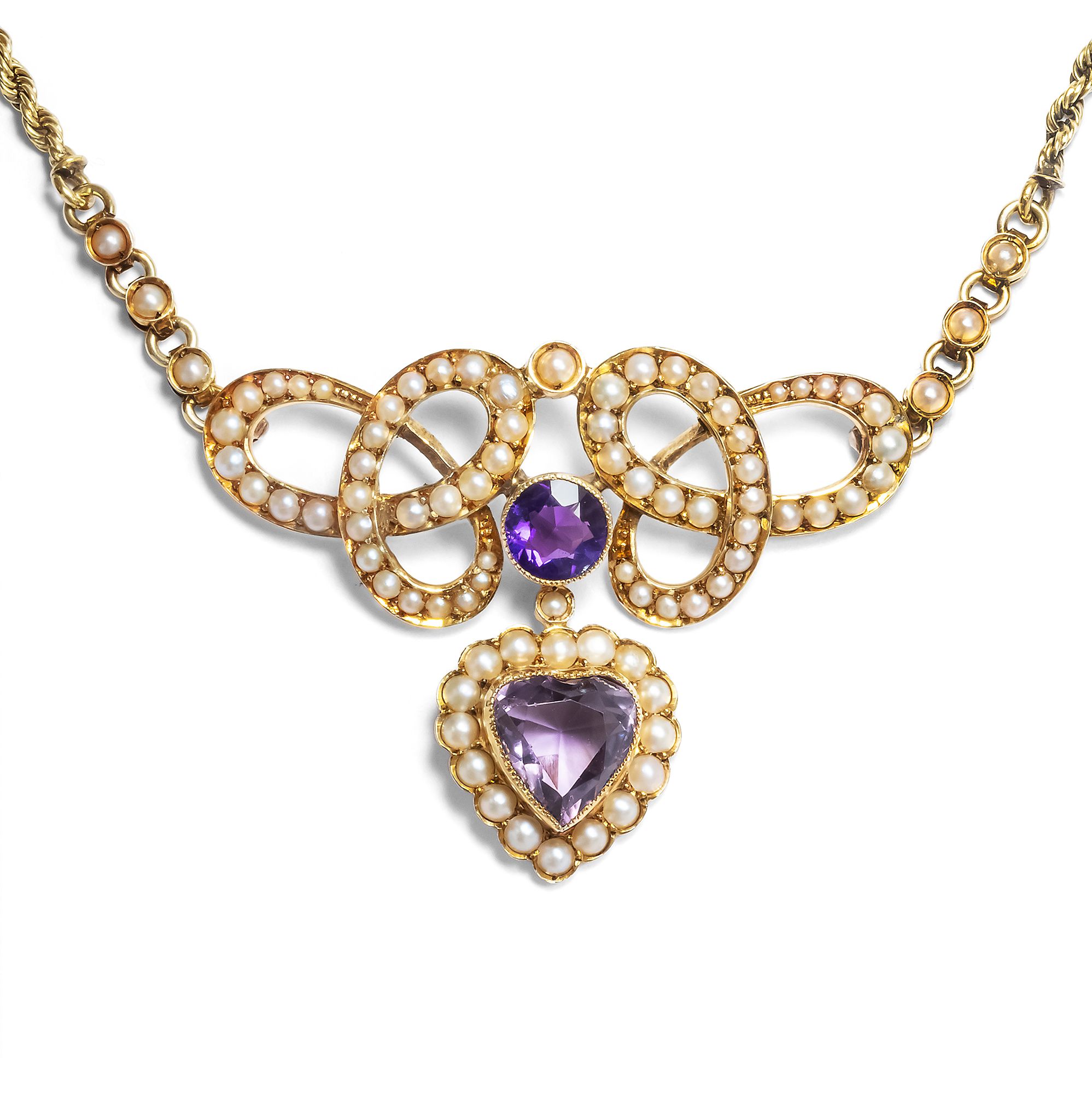 Romantisches Collier mit Amethyst & Perlen in Gold, Großbritannien um 1900