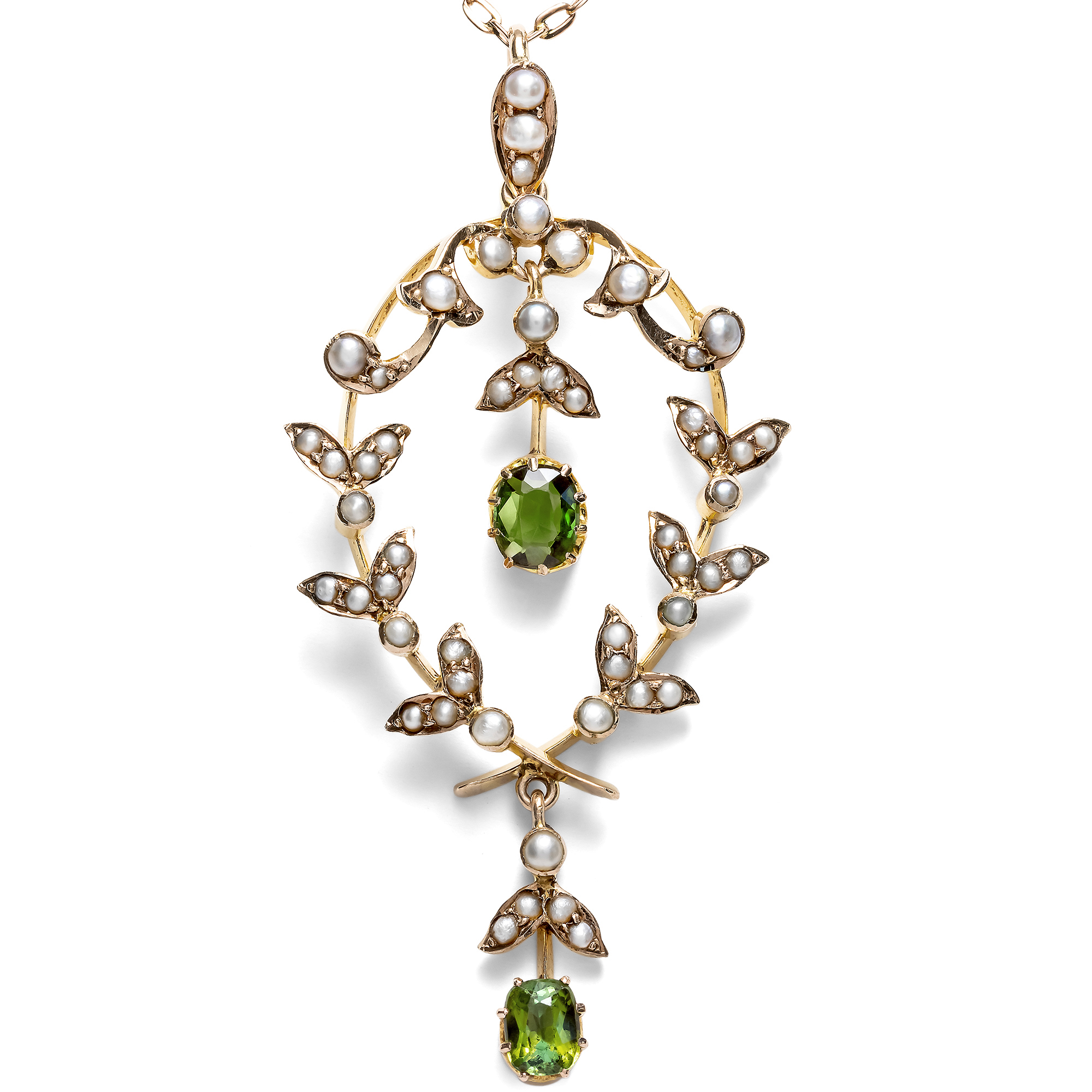 Edwardianischer Anhänger mit Peridot & Perlen in Gold, Großbritannien um 1905