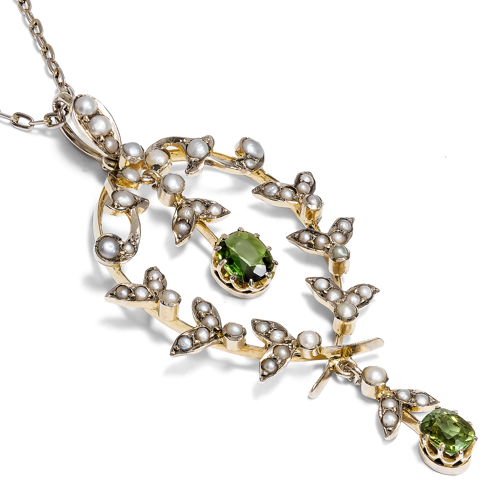 Edwardianischer Anhänger mit Peridot & Perlen in Gold, Großbritannien um 1905