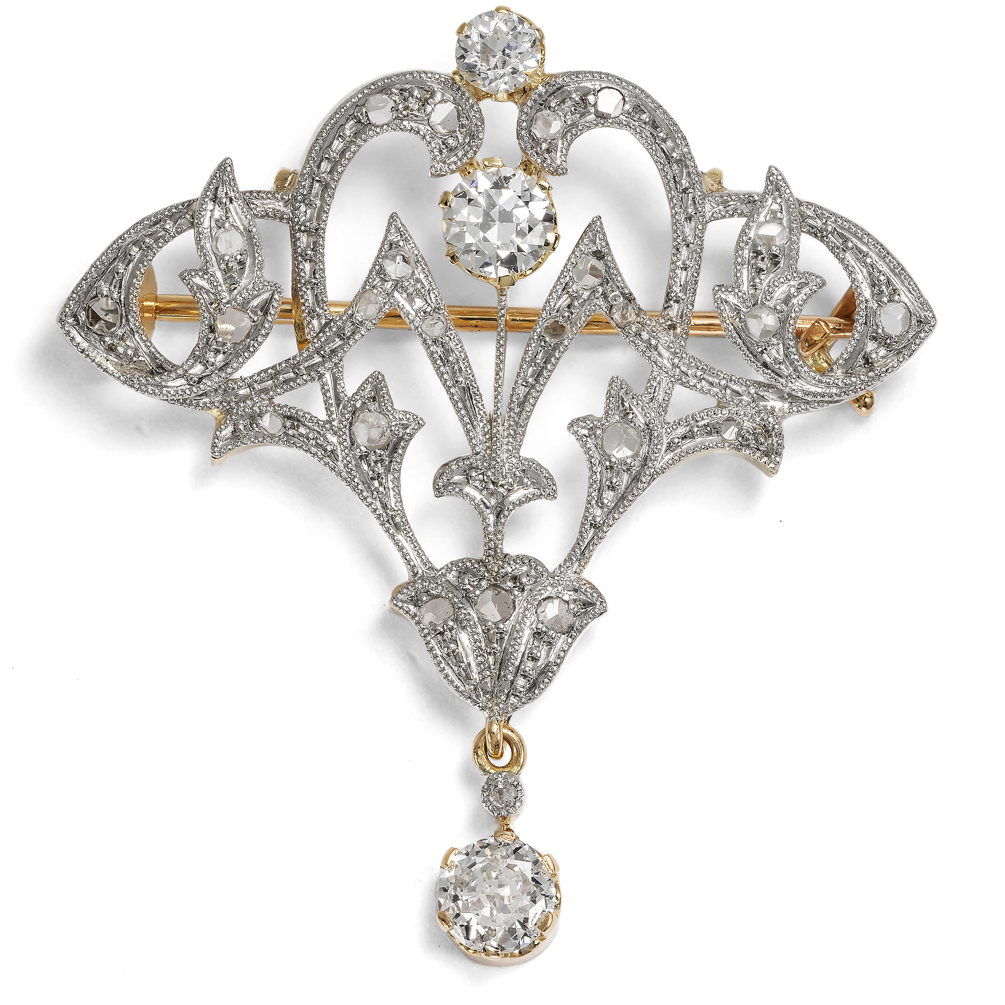 Elegant Belle Époque Pendant-Brooch with Diamonds in Platinum on Gold, c. 1910