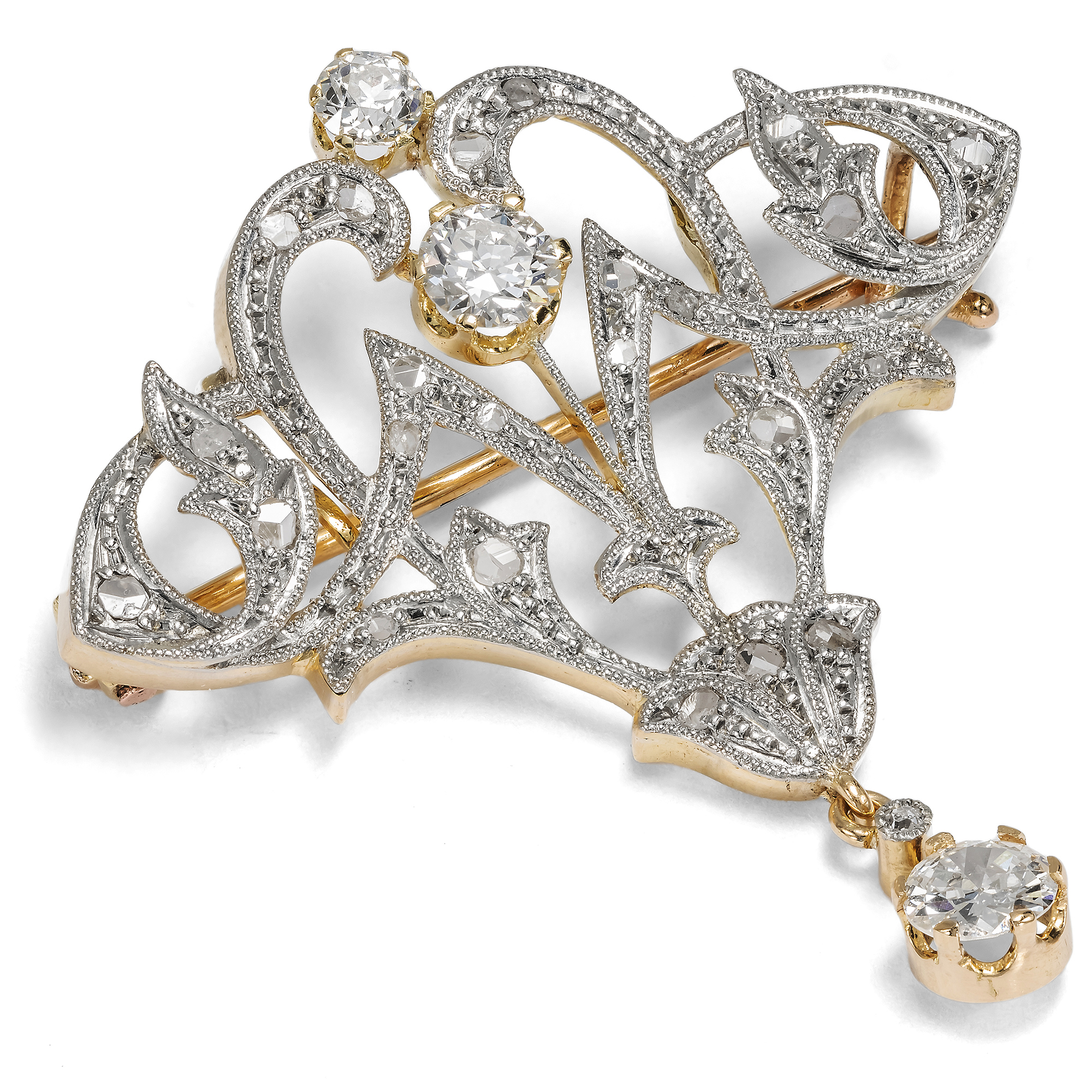 Elegant Belle Époque Pendant-Brooch with Diamonds in Platinum on Gold, c. 1910