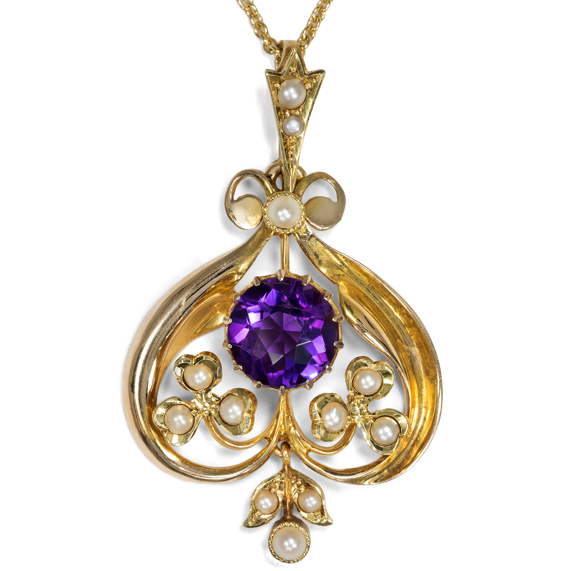 Antiker Anhänger mit Amethyst & Saatperlen in Gold, Großbritannien um 1905