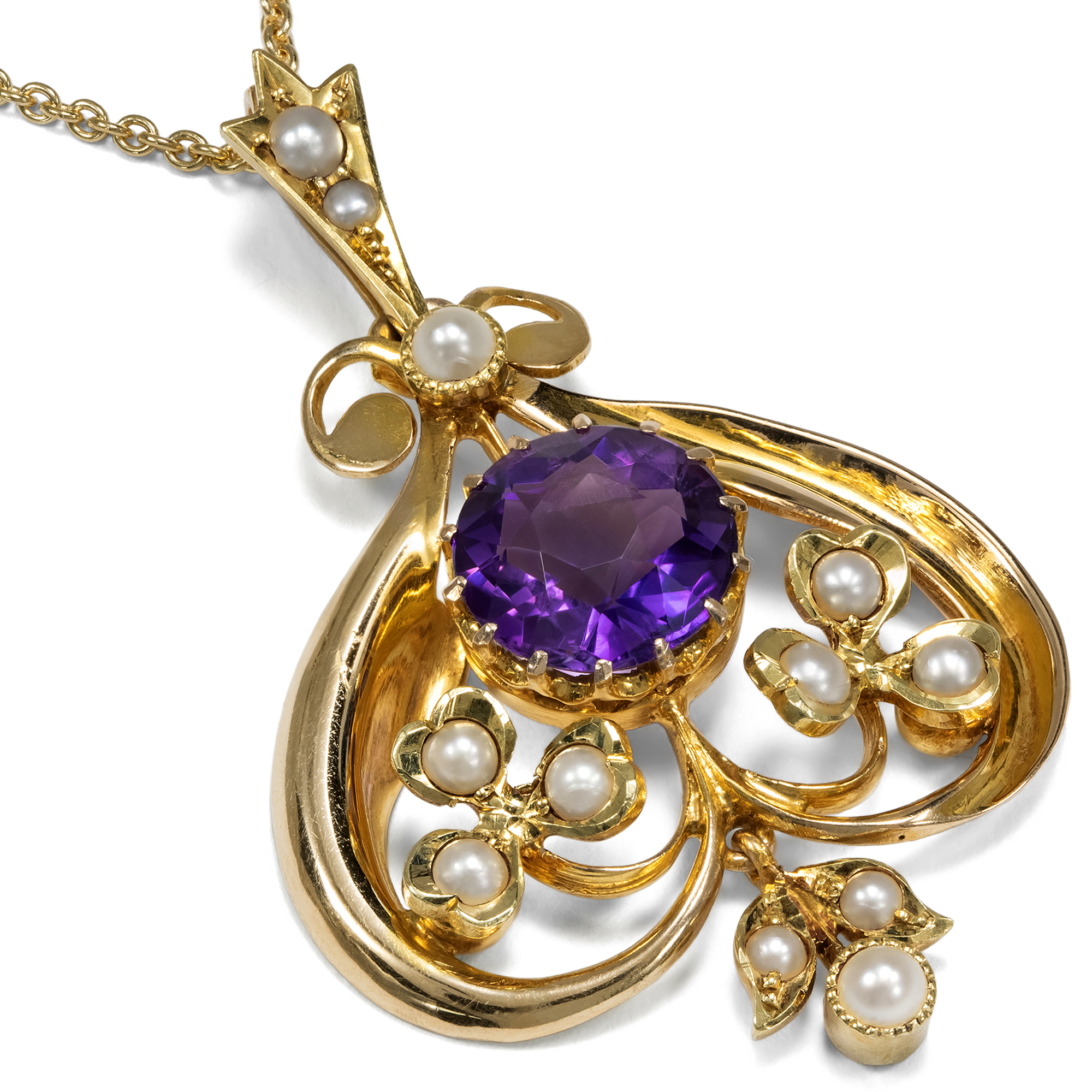 Antiker Anhänger mit Amethyst & Saatperlen in Gold, Großbritannien um 1905