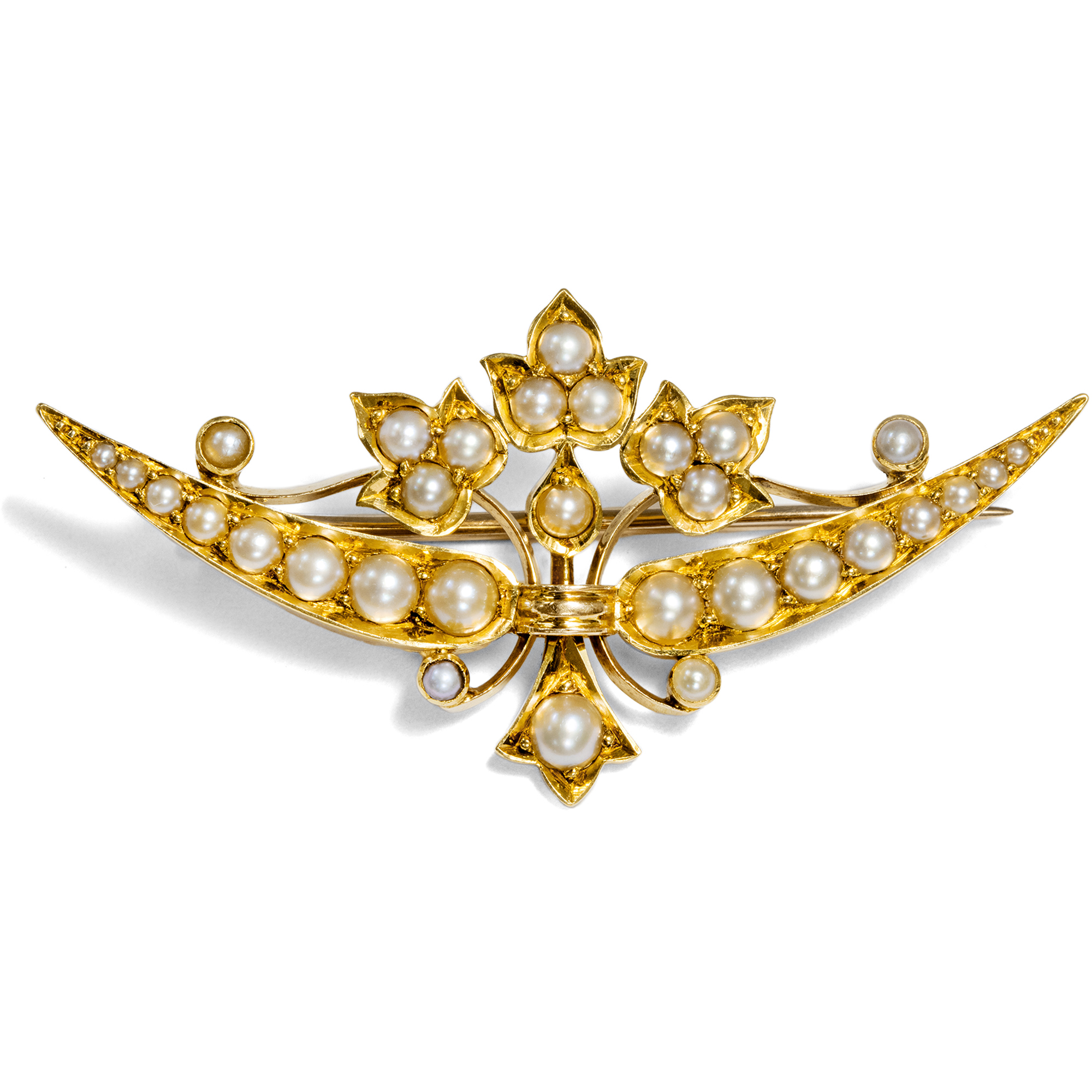 Antique "Honeymoon" Brooch with Natural Pearls in Gold, England c. 1900