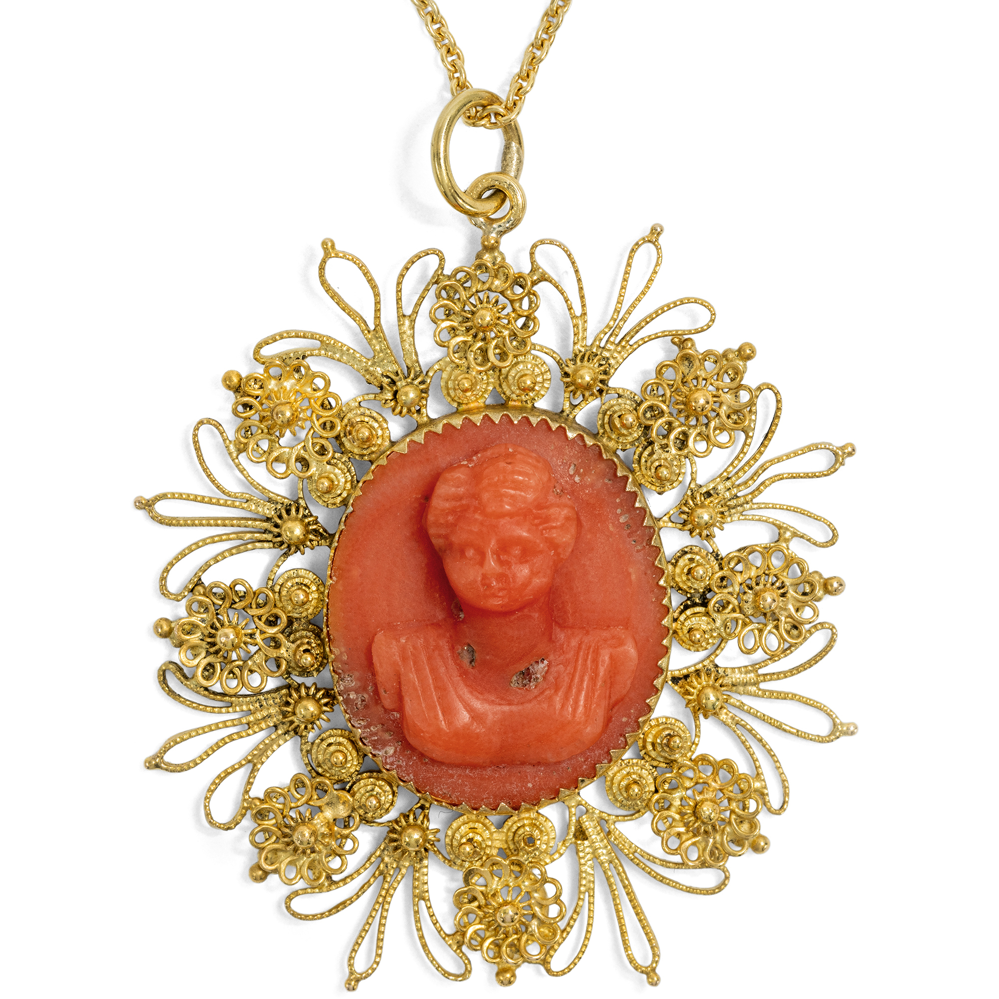 Antique Pendant with a Coral Cameo in Cannetille Setting, c. 1825 & later