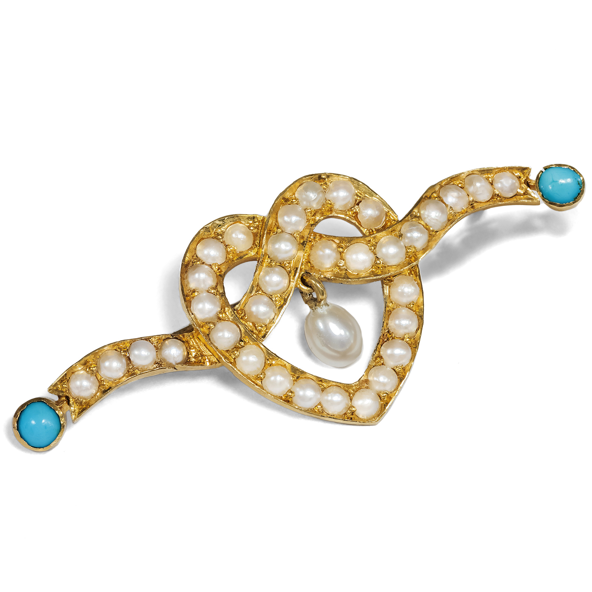 Victorian Brooch With Pearls & Turquoise in Gold, Circa 1890