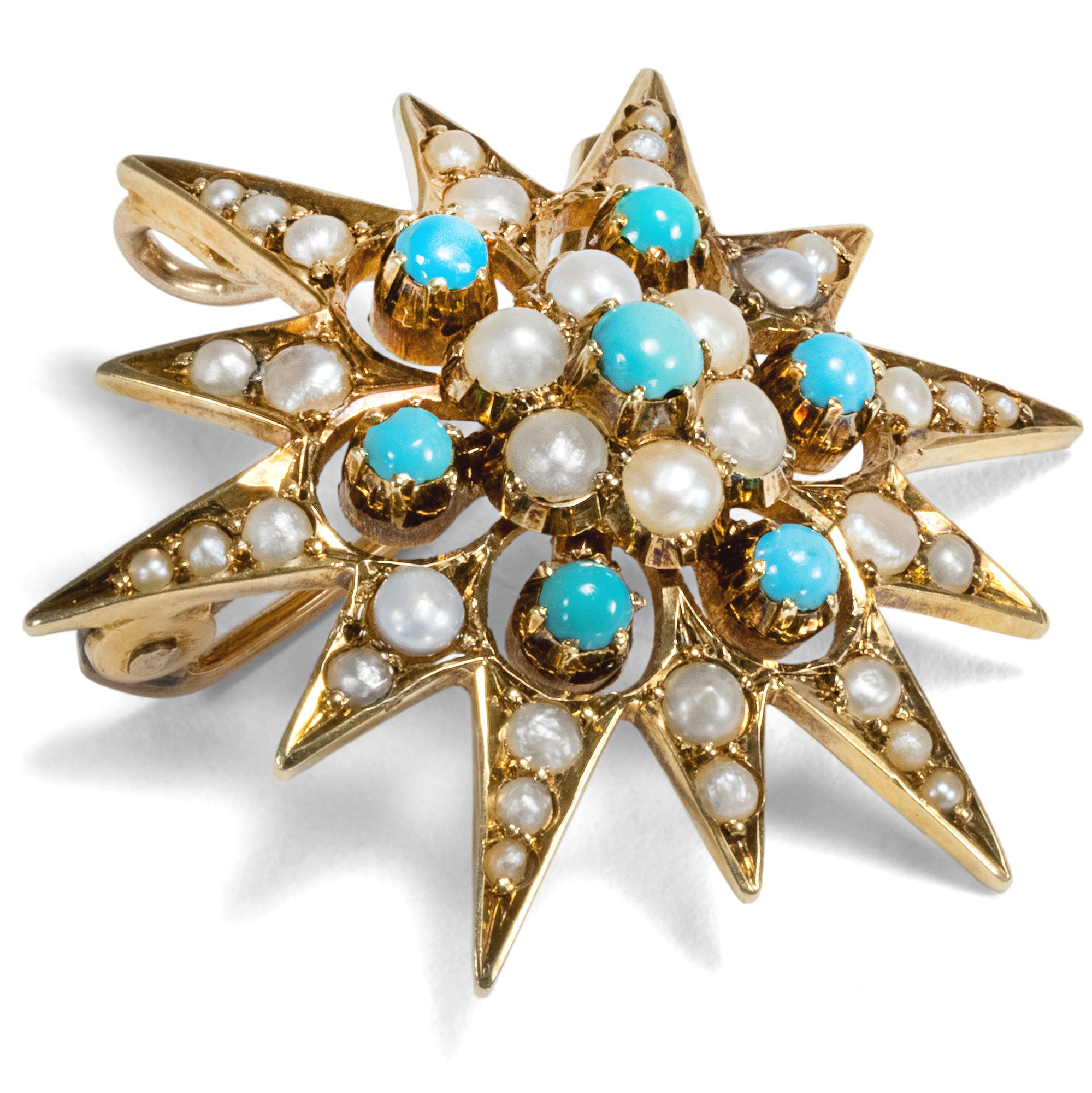 Antique pendant brooch with turquoises & pearls, Great Britain circa 1890
