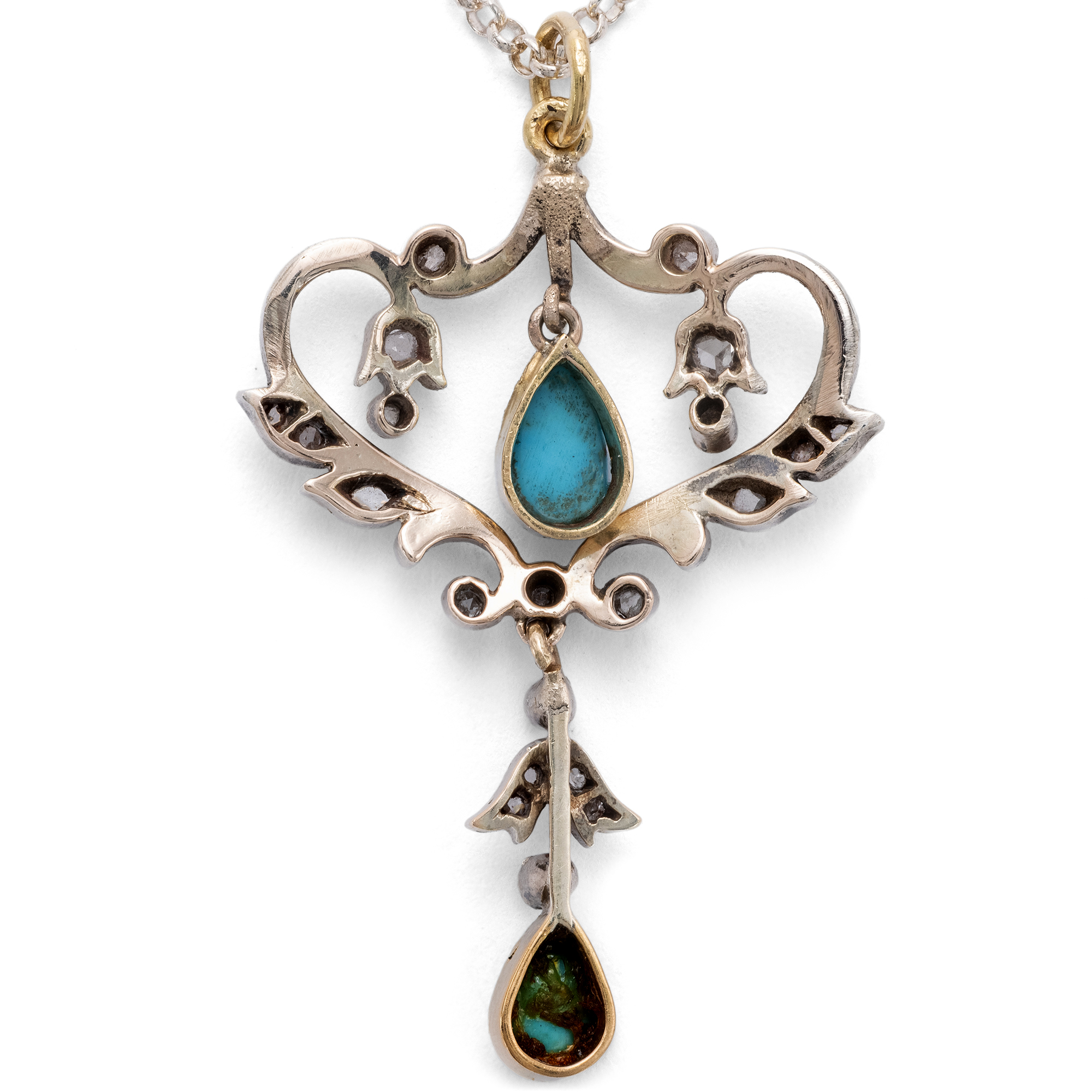 Zarter Anhänger mit Türkisen & Diamanten in Silber auf Gold, England um 1910 Zarter Anhänger mit Türkisen & Diamanten in Silber auf Gold, England um 1910