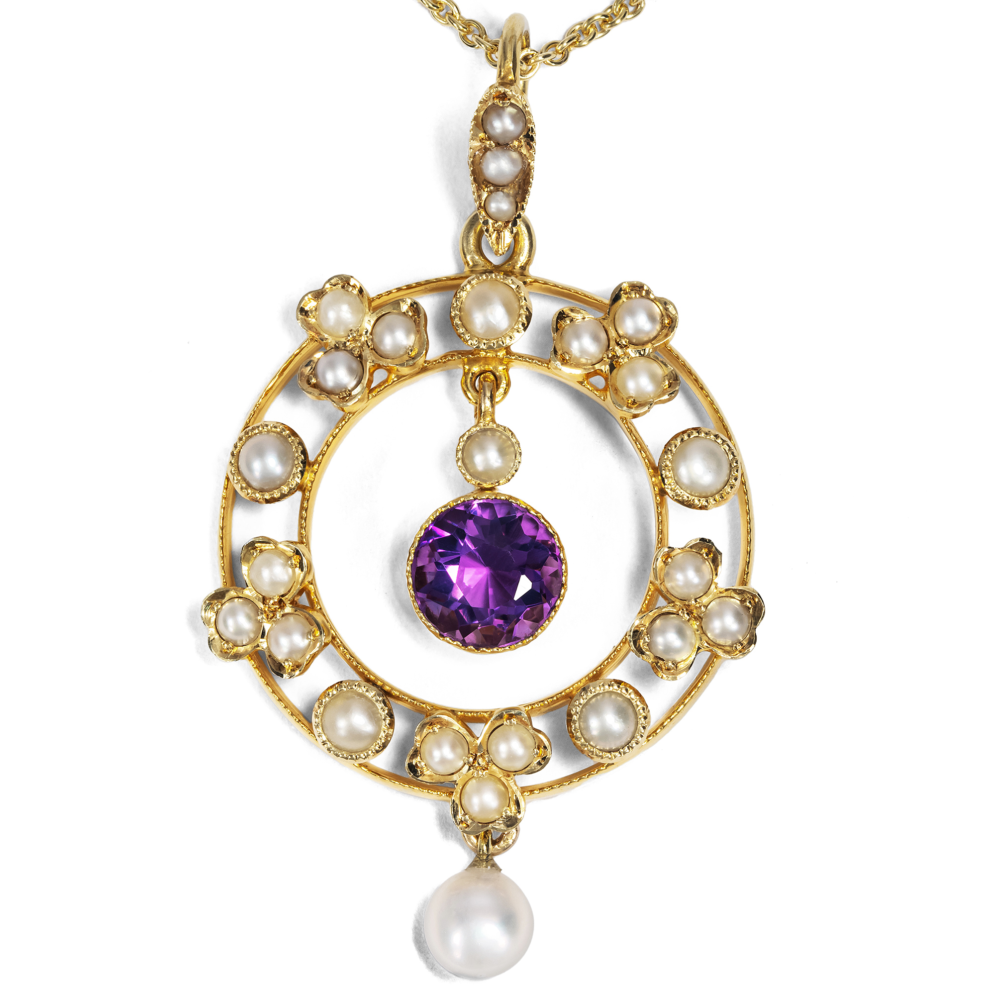 Antique Amethyst & Seed Pearl Pendant in Gold, Britain, c. 1905