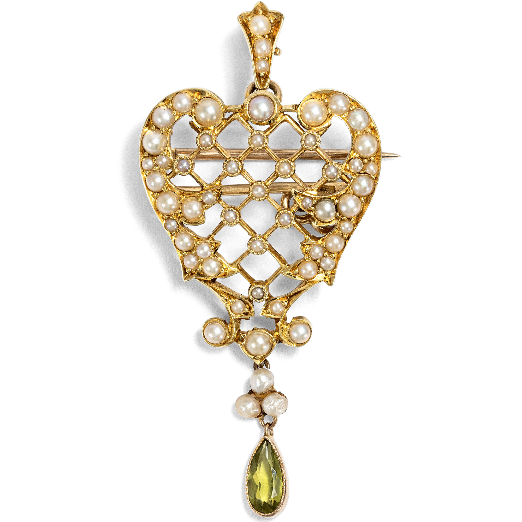 Antike Anhänger-Brosche mit Peridot & Perlen in Gold, Großbritannien um 1900