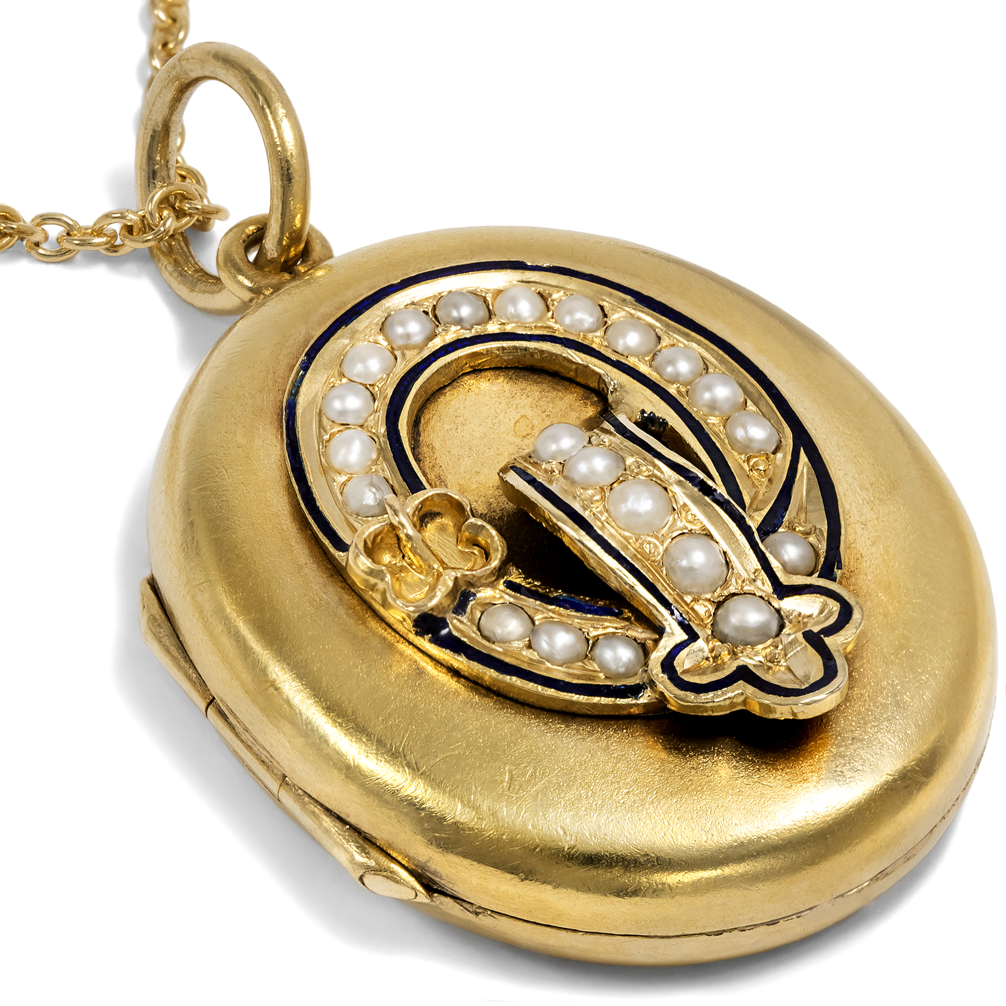 Antique Gold Locket Pendant with Pearls & Enamel, c. 1880