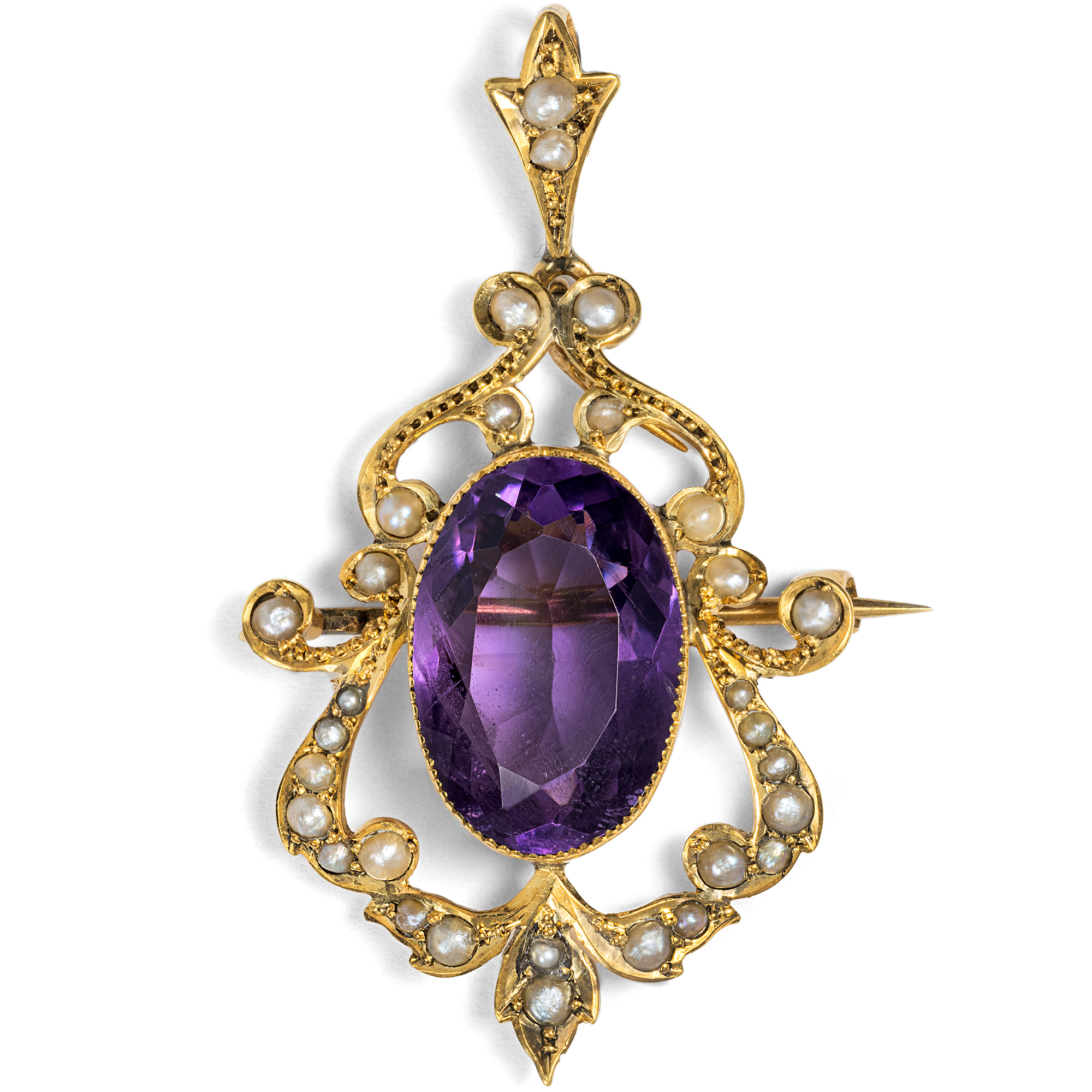 Antique pendant brooch with amethysts & pearls in gold, circa 1905