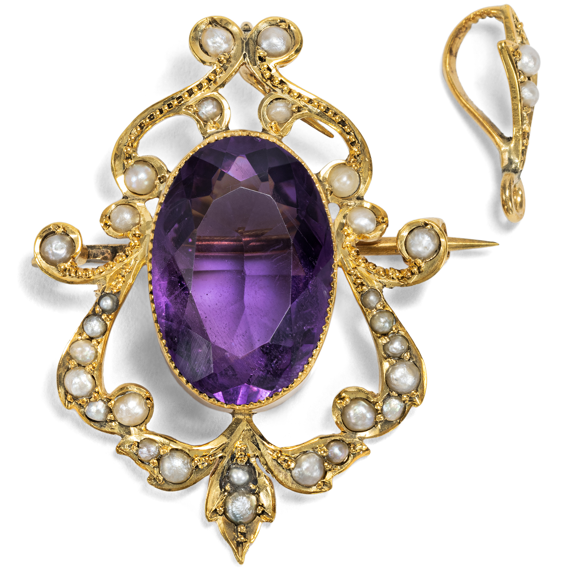 Antique pendant brooch with amethysts & pearls in gold, circa 1905