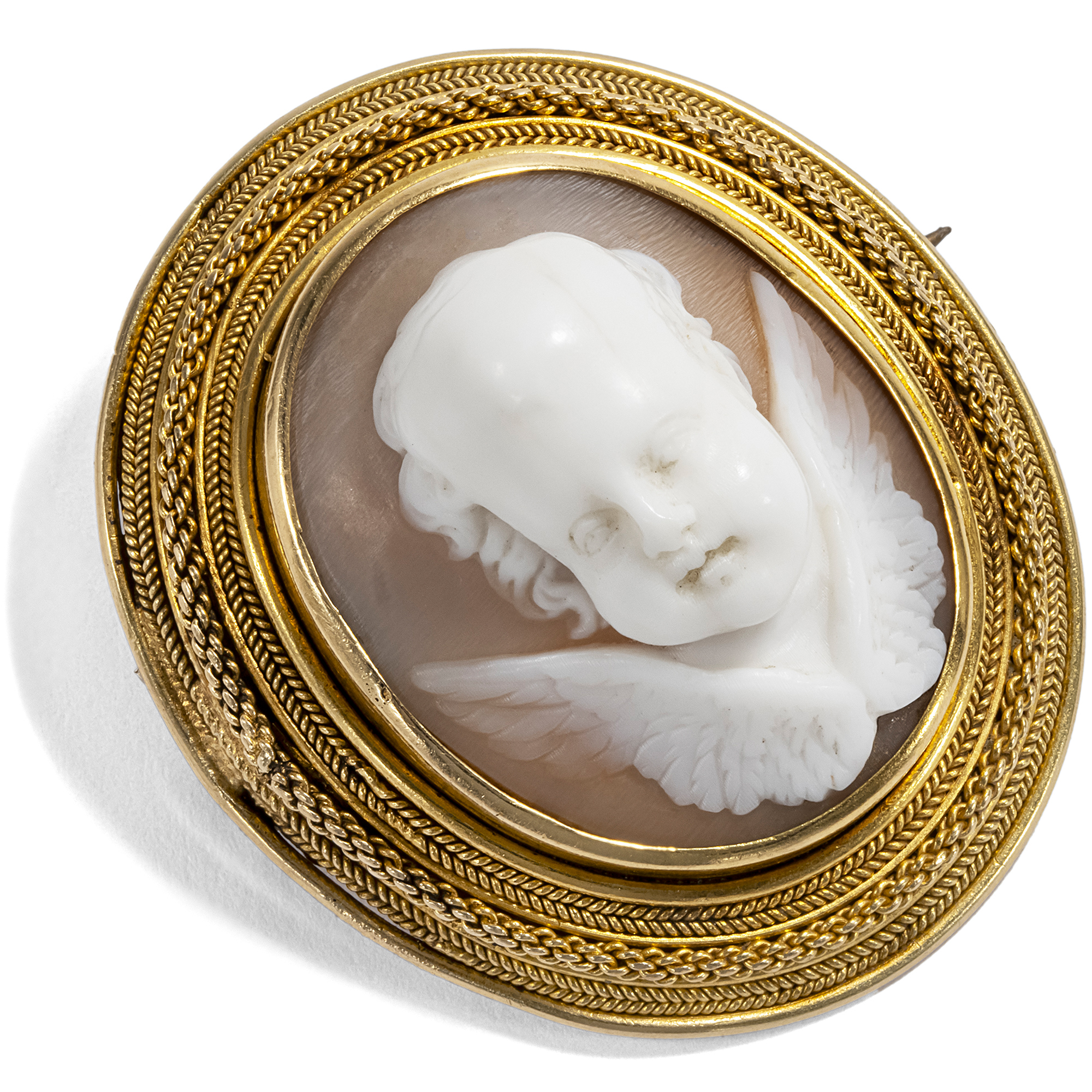Erstklassige Goldbrosche mit plastischer Muschelgemme, Italien um 1870