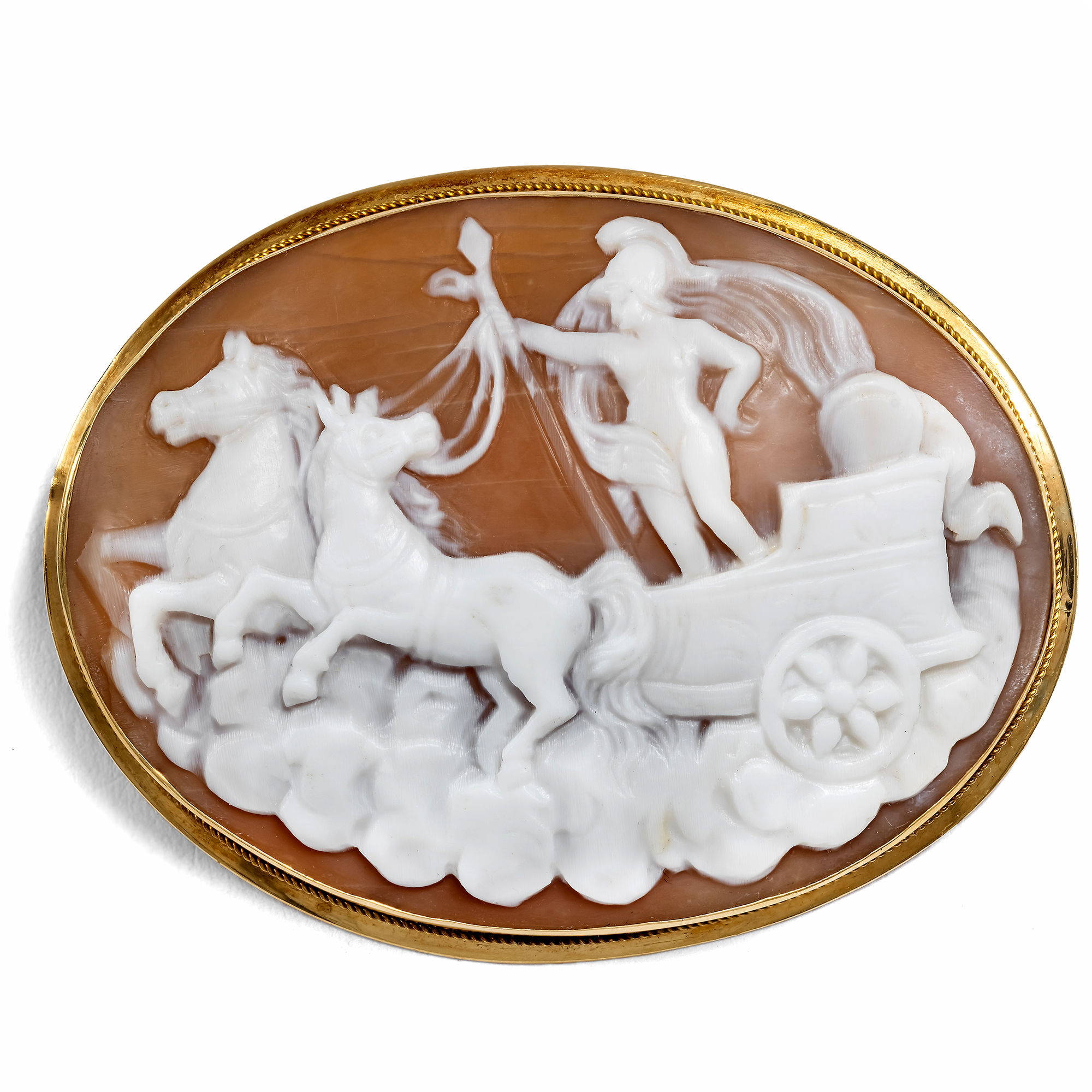 Vintage Gold Brooch with Shell Cameo of Pallas Athena, Italy c. 1960