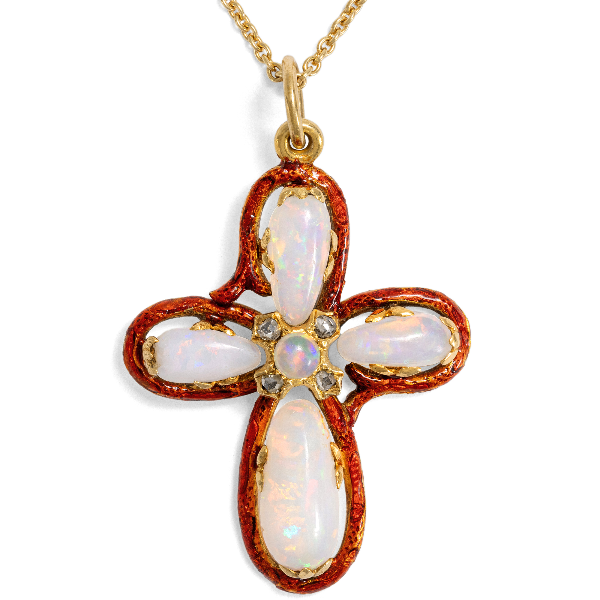 Unusual Pendant With Opals & Red Enamel on Gold, Circa 1905