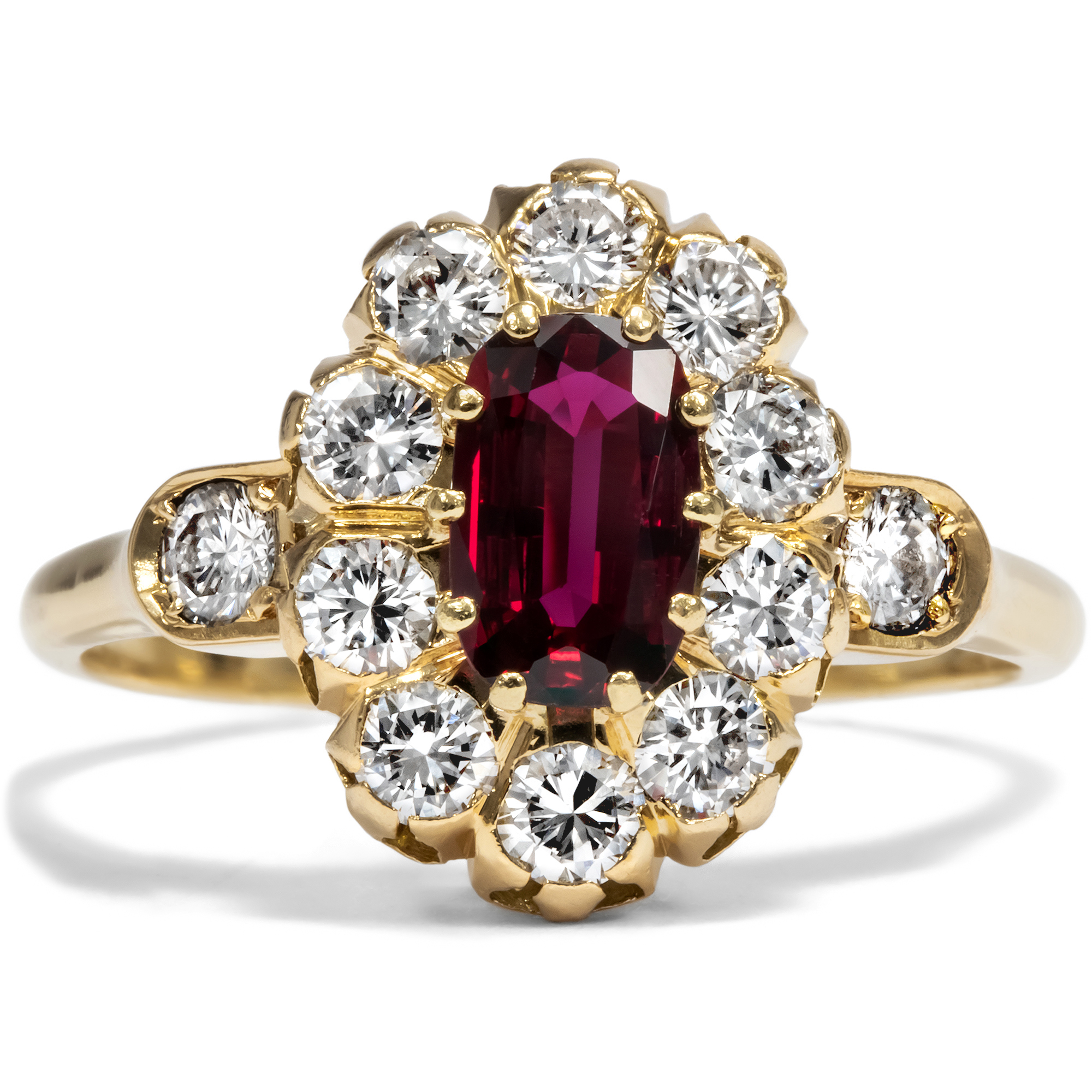 Beautiful Entourage Ring With Ruby And Diamonds In Yellow Gold, France Ca. 1980
