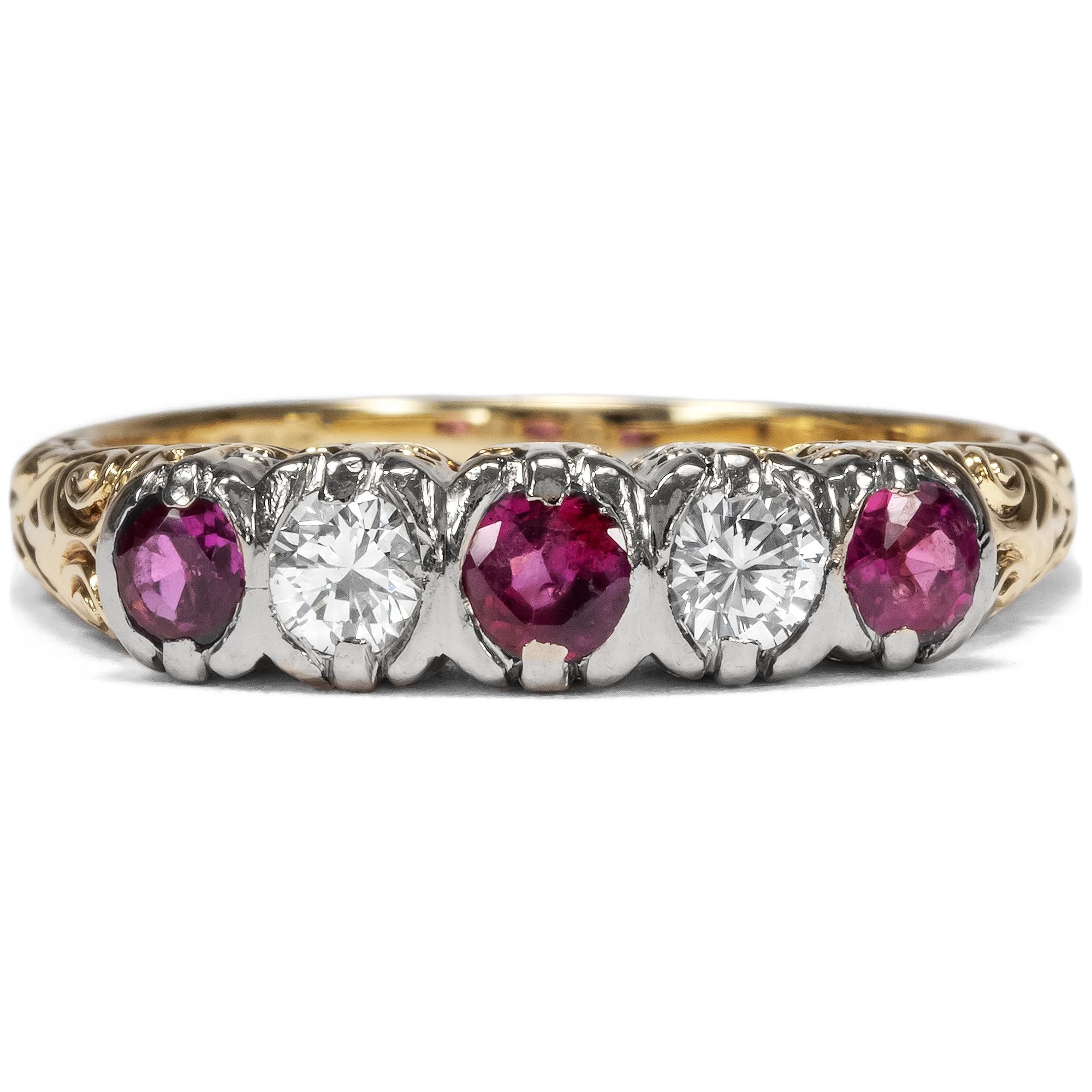 Vintage Ring with Burmese Rubies & Diamonds in Gold, c. 1980