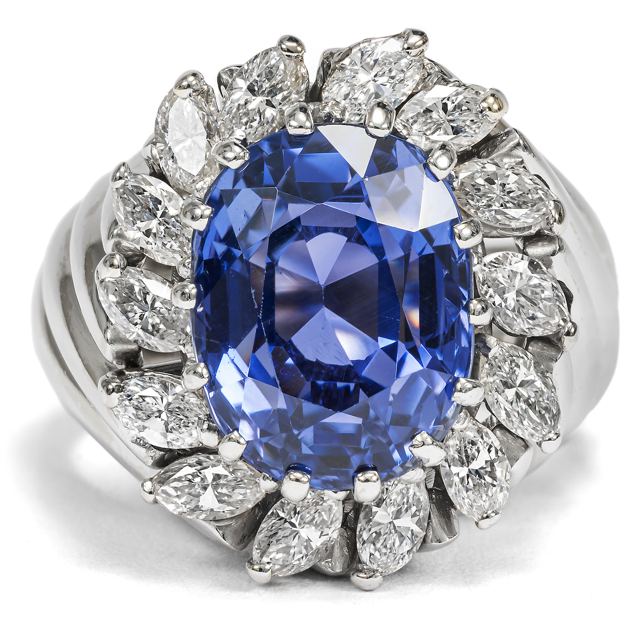 Vintage Ring With Untreated Sapphire & Diamonds In White Gold, Circa 1980