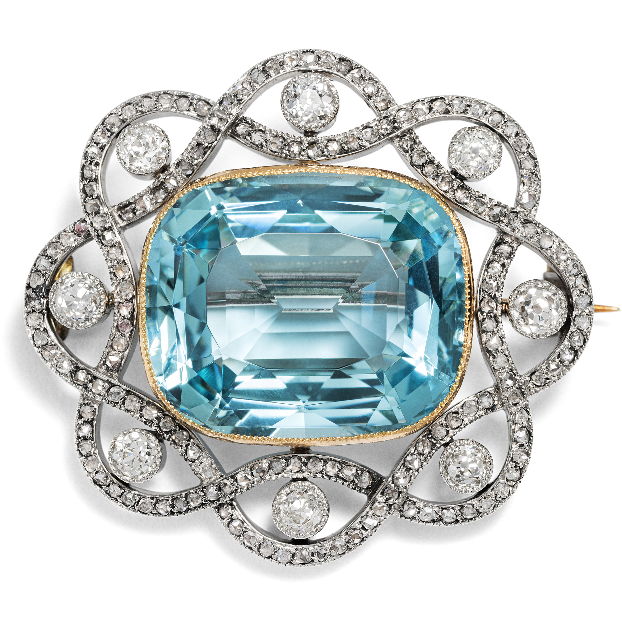 Antike Brosche mit 16,45 ct Aquamarin & Diamanten in Platin & Gold, um 1905