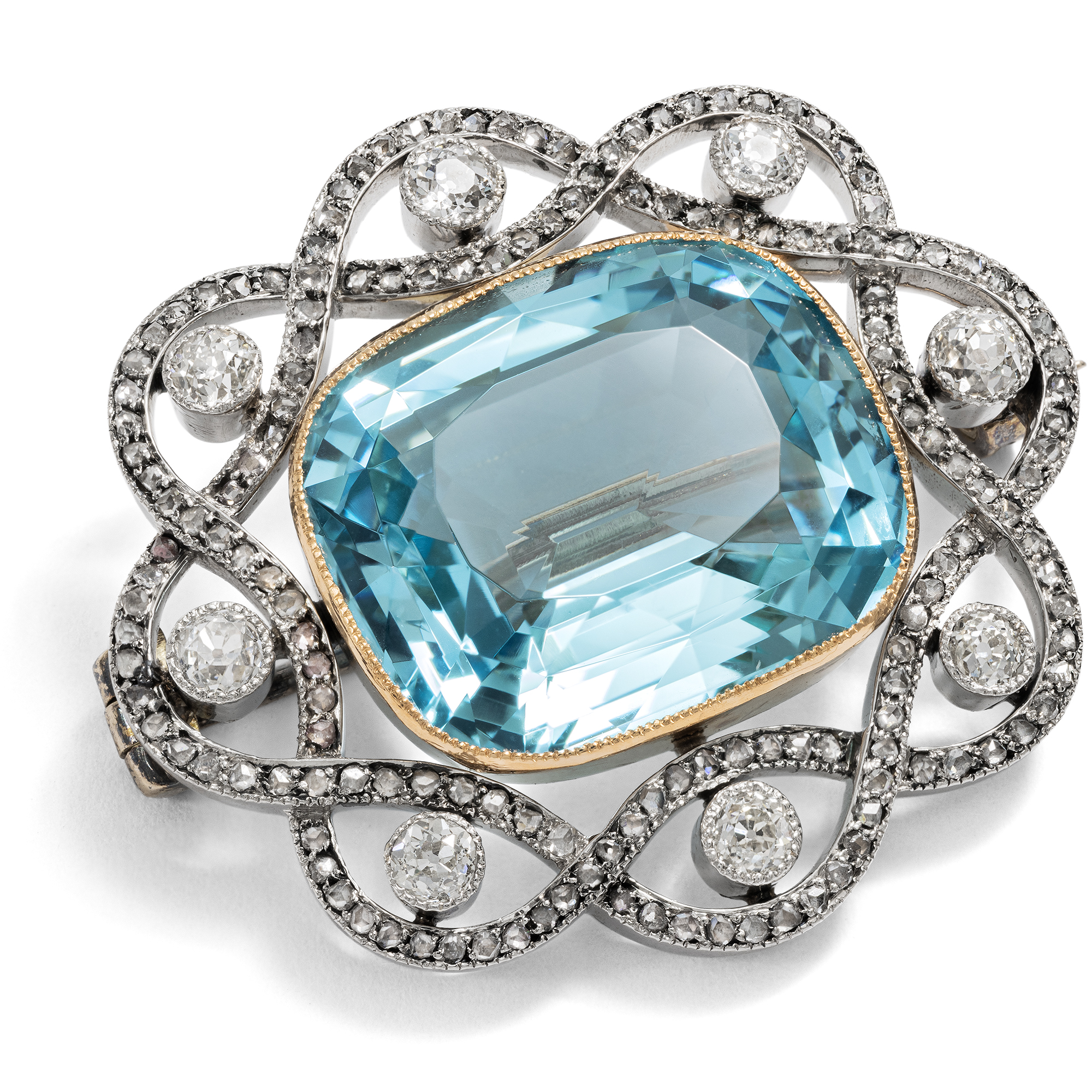 Antike Brosche mit 16,45 ct Aquamarin & Diamanten in Platin & Gold, um 1905