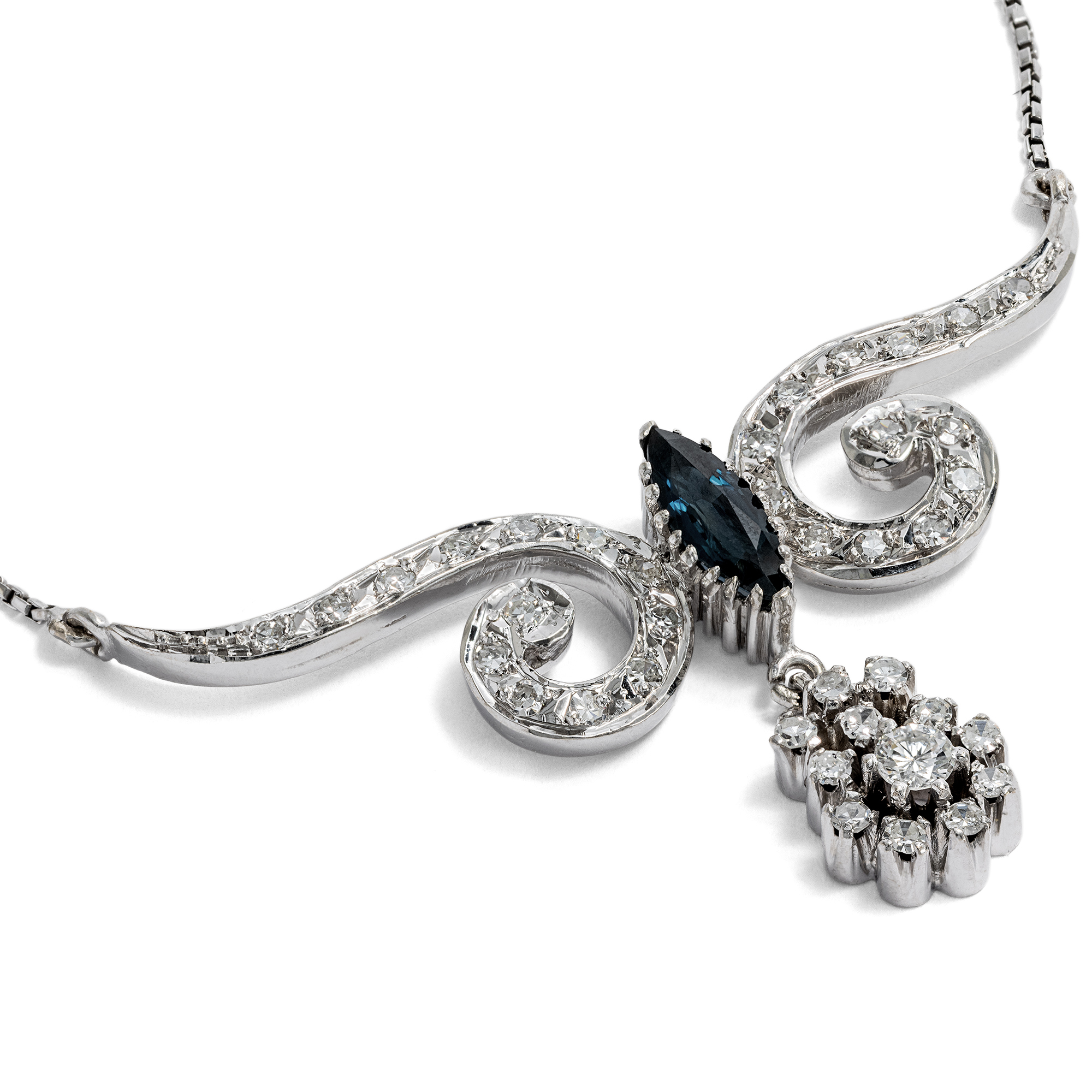 Vintage Necklace with Sapphire & Diamonds in White Gold, c. 1985