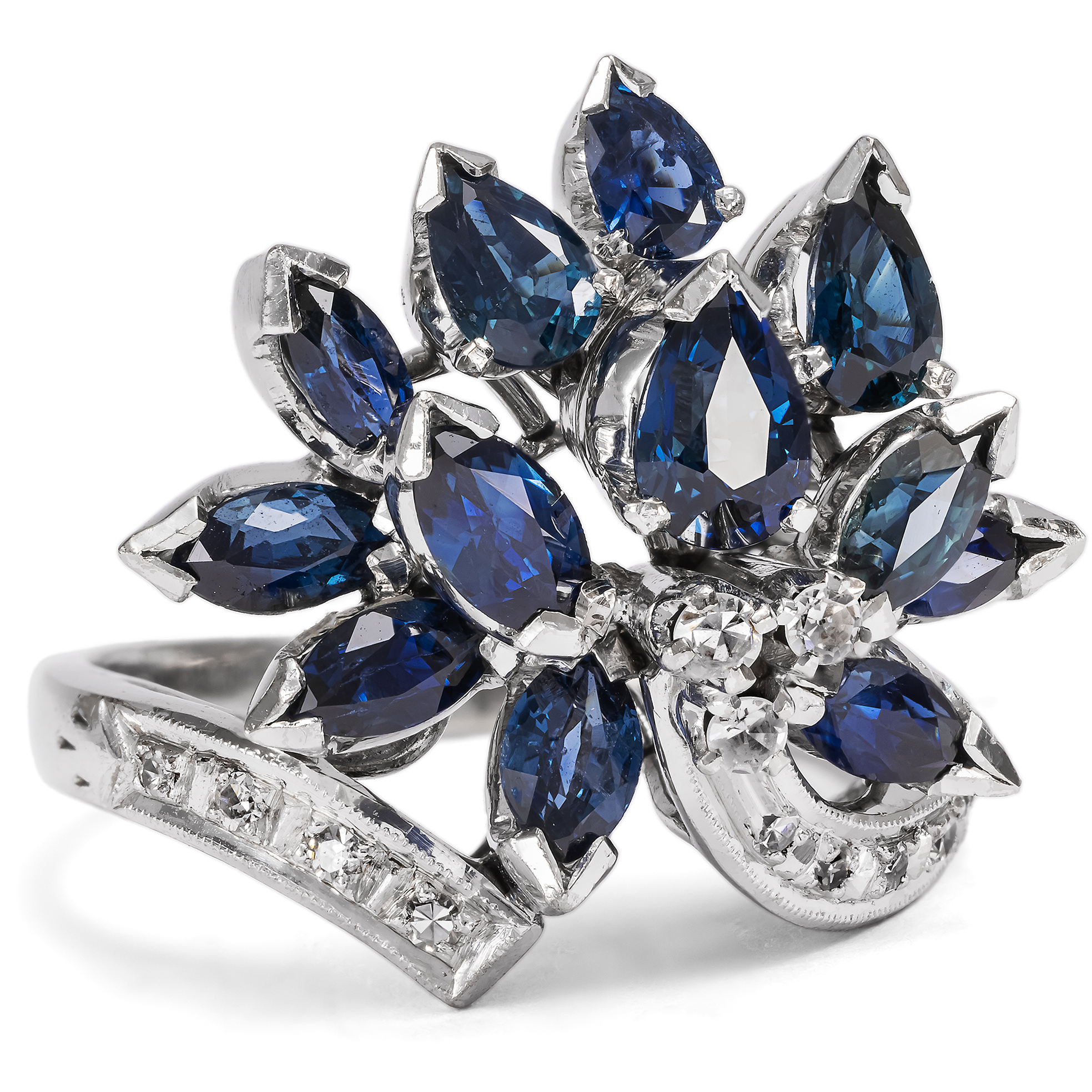 Expressive Vintage Ring in White Gold With Sapphires & Diamonds, Circa 1965