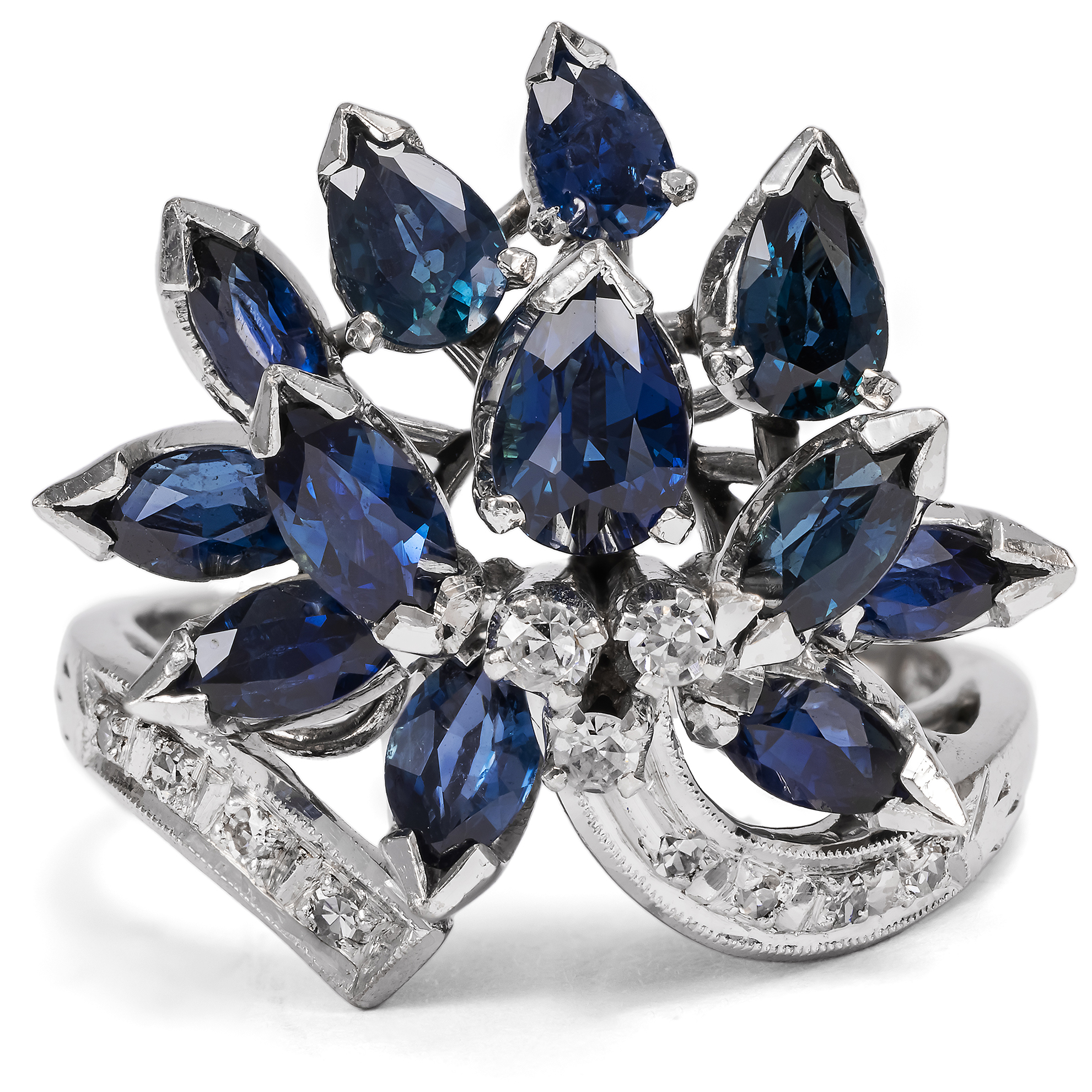 Expressive Vintage Ring in White Gold With Sapphires & Diamonds, Circa 1965