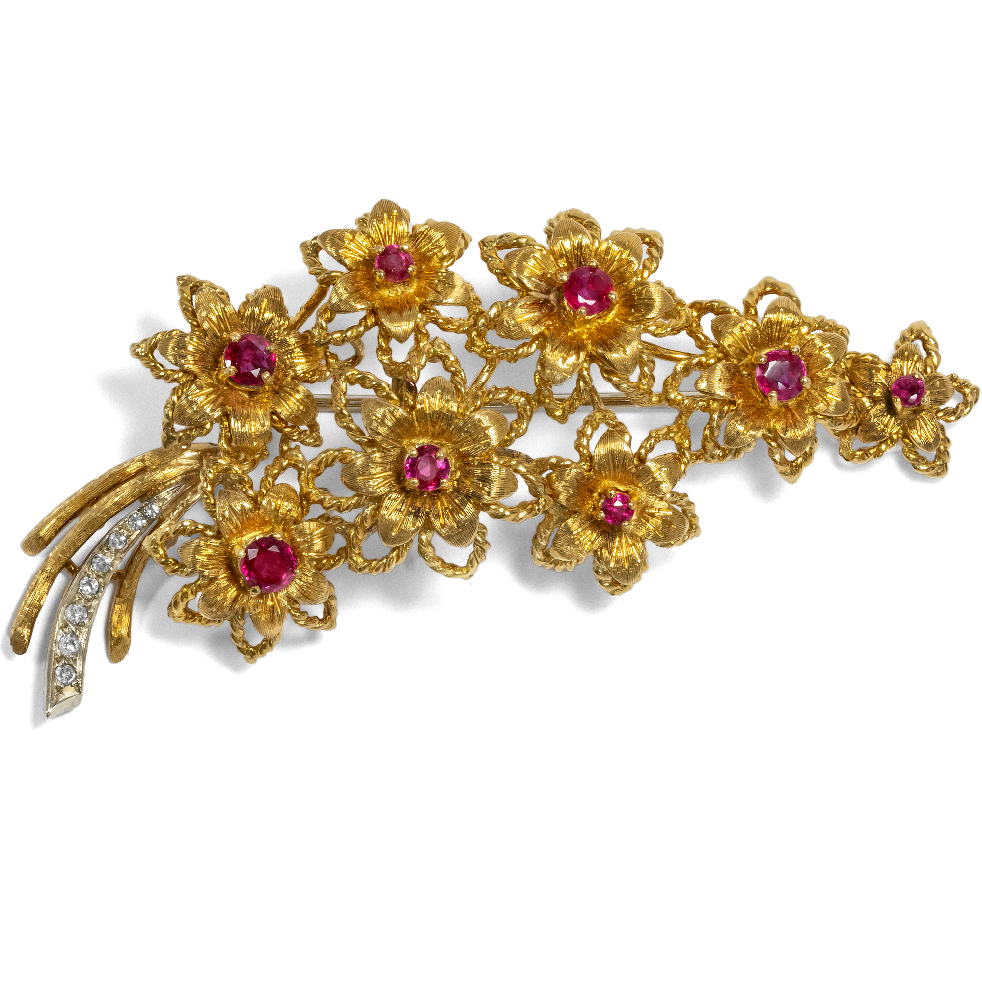 Large Vintage Brooch With Burma Rubies & Diamonds in Gold, Probably USA, Circa 1970