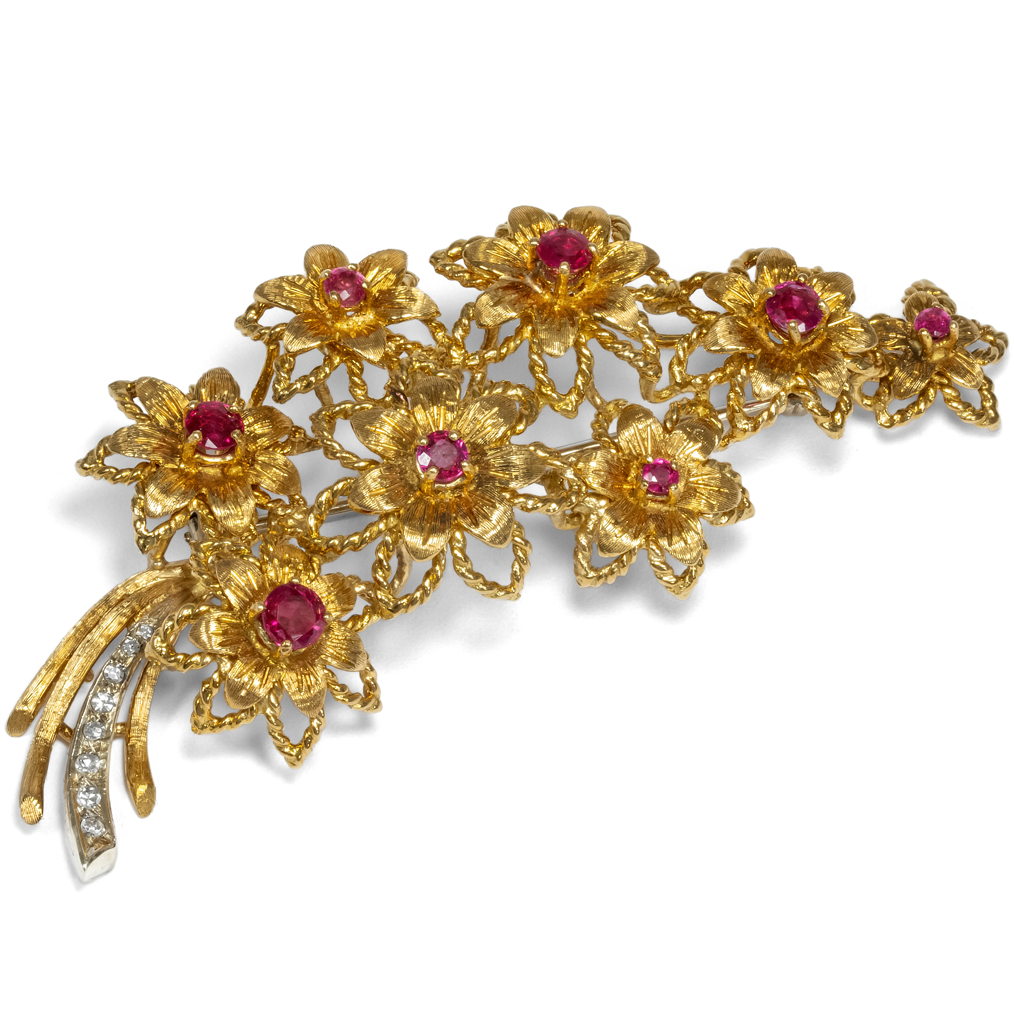 Large Vintage Brooch With Burma Rubies & Diamonds in Gold, Probably USA, Circa 1970