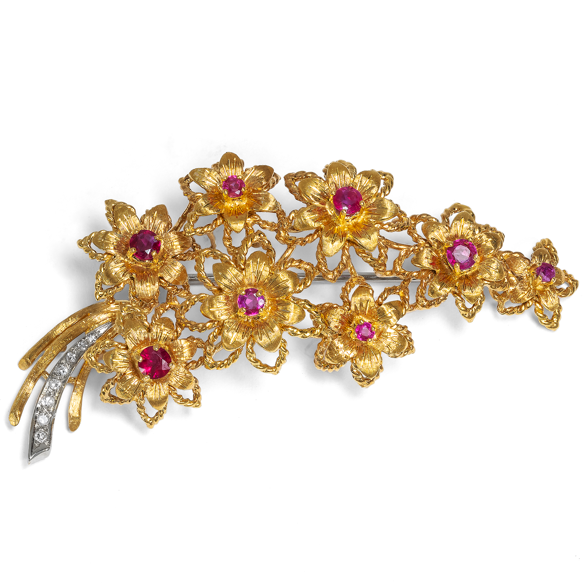 Large Vintage Brooch With Burmese Rubies & Diamonds in Gold, Probably USA, Circa 1970