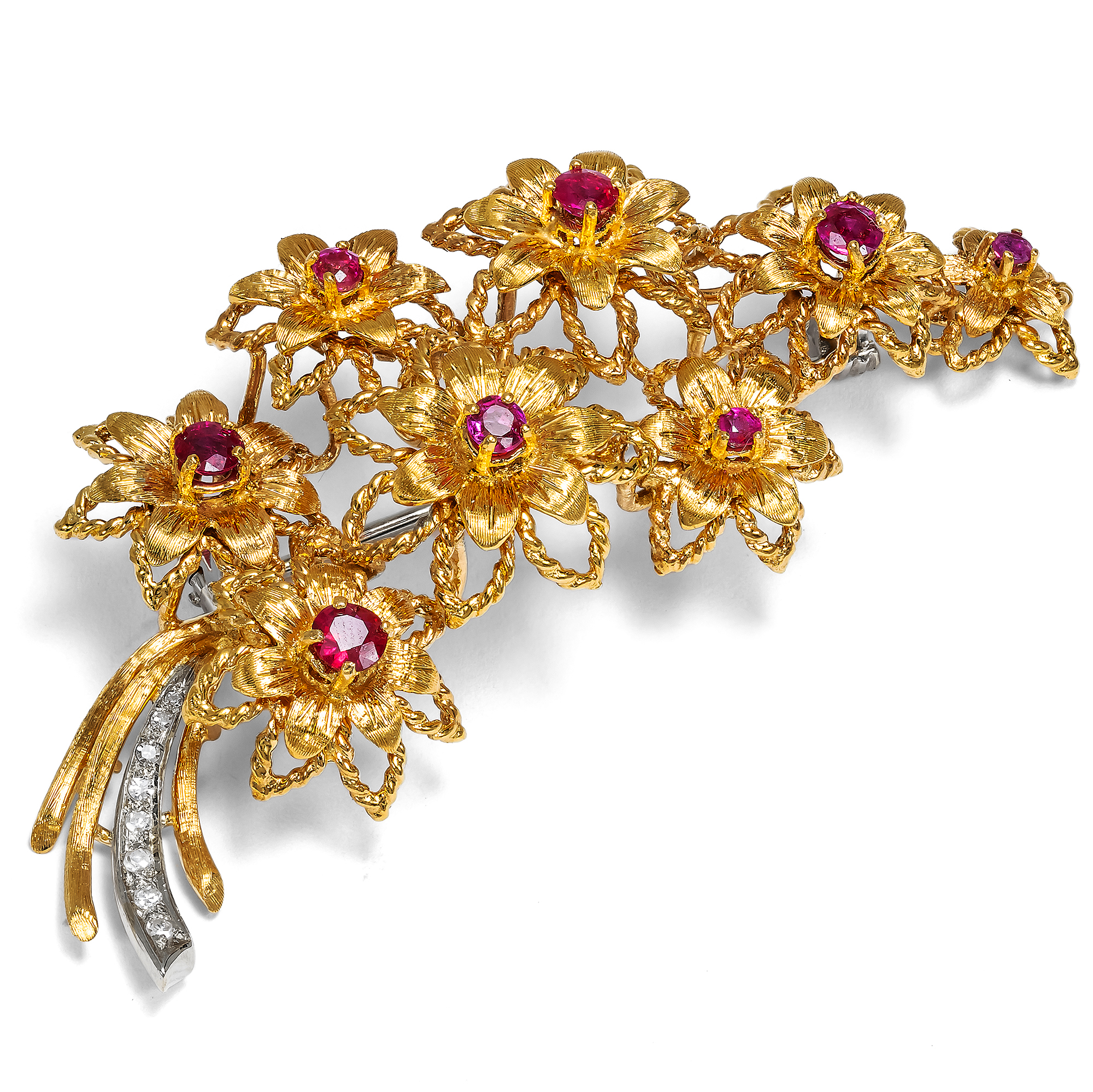 Large Vintage Brooch With Burmese Rubies & Diamonds in Gold, Probably USA, Circa 1970