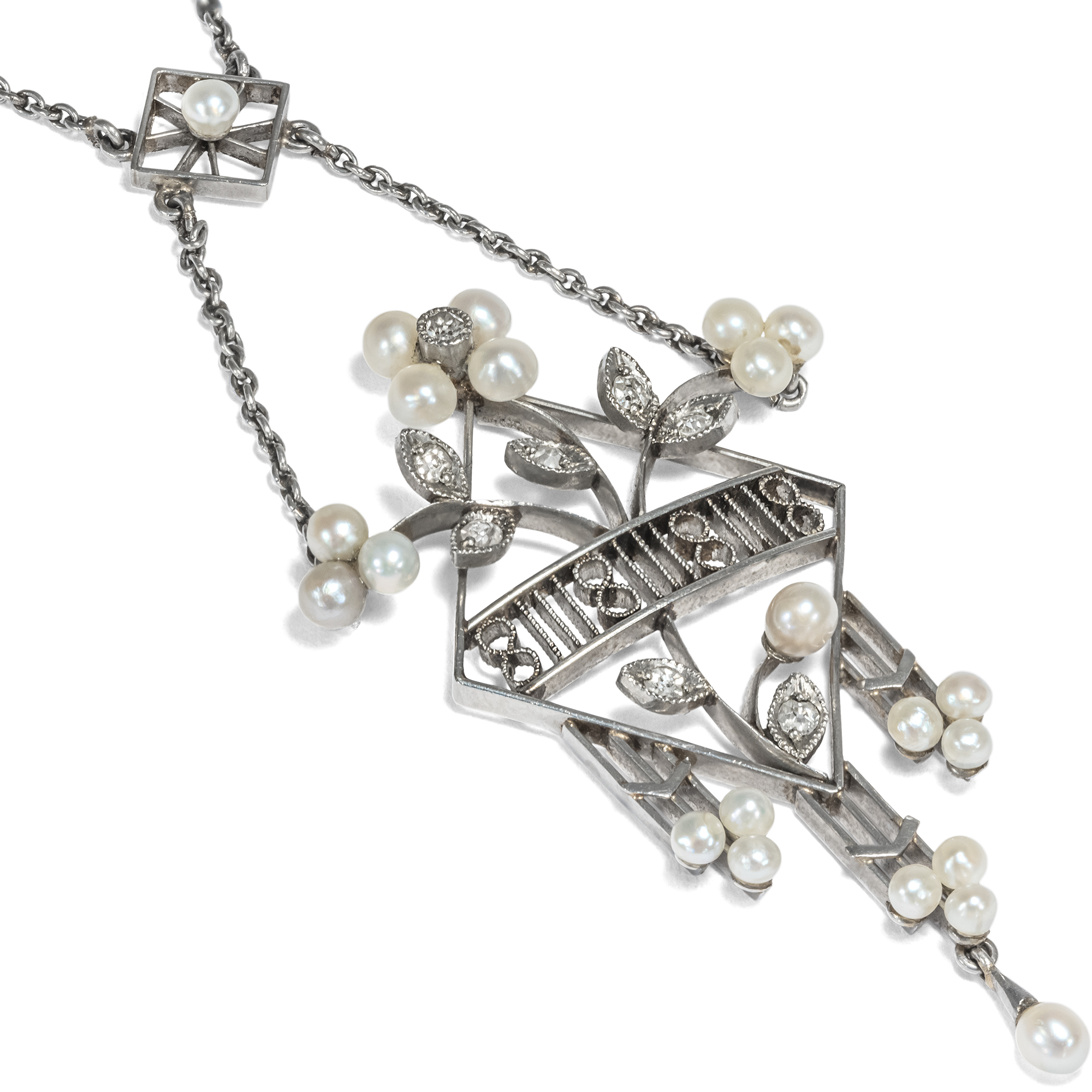 Antique Pendant-Necklace with Natural Pearls & Diamonds in Platinum, c. 1910