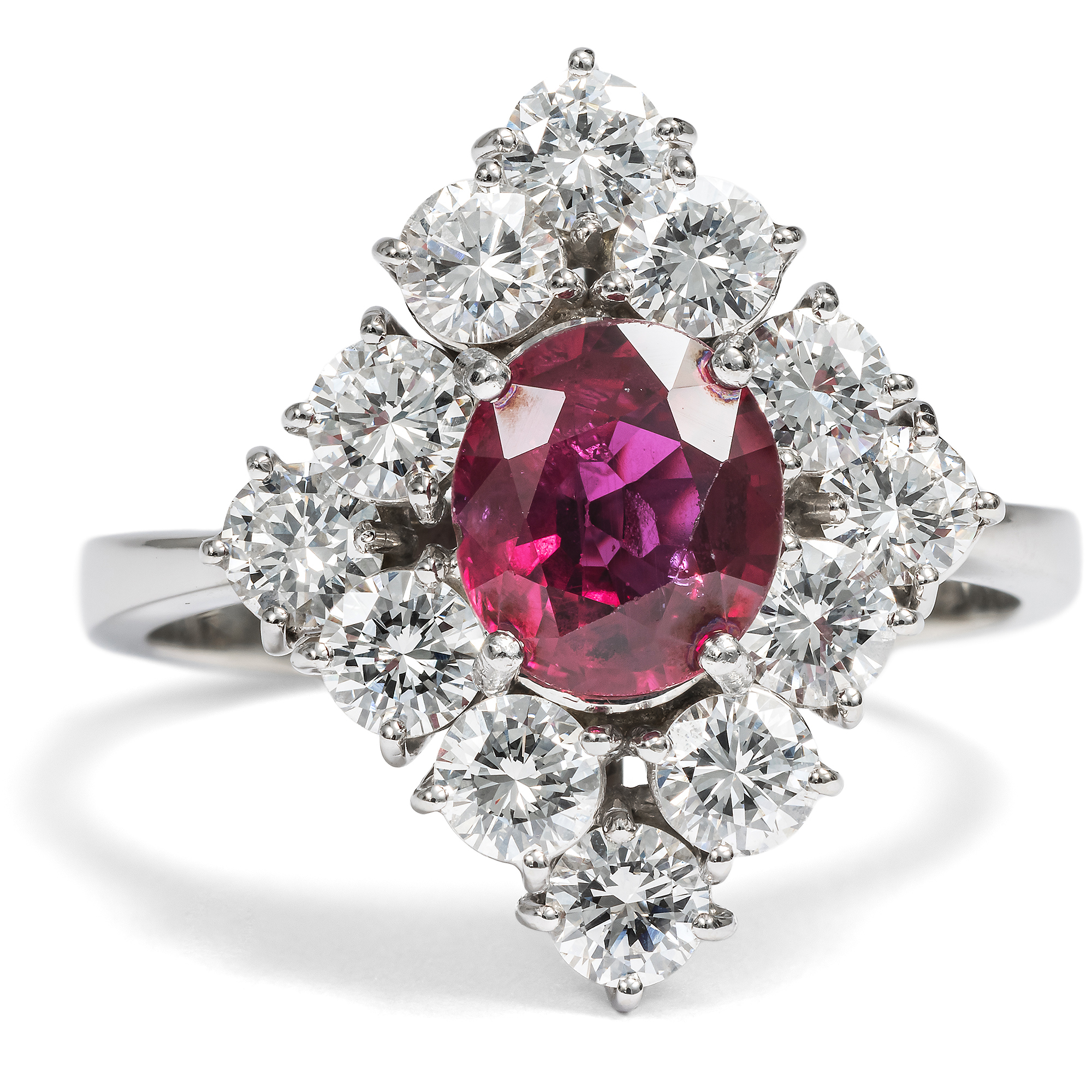 First-Class Vintage Ring With Ruby & Diamonds in White Gold, Italy c. 1975