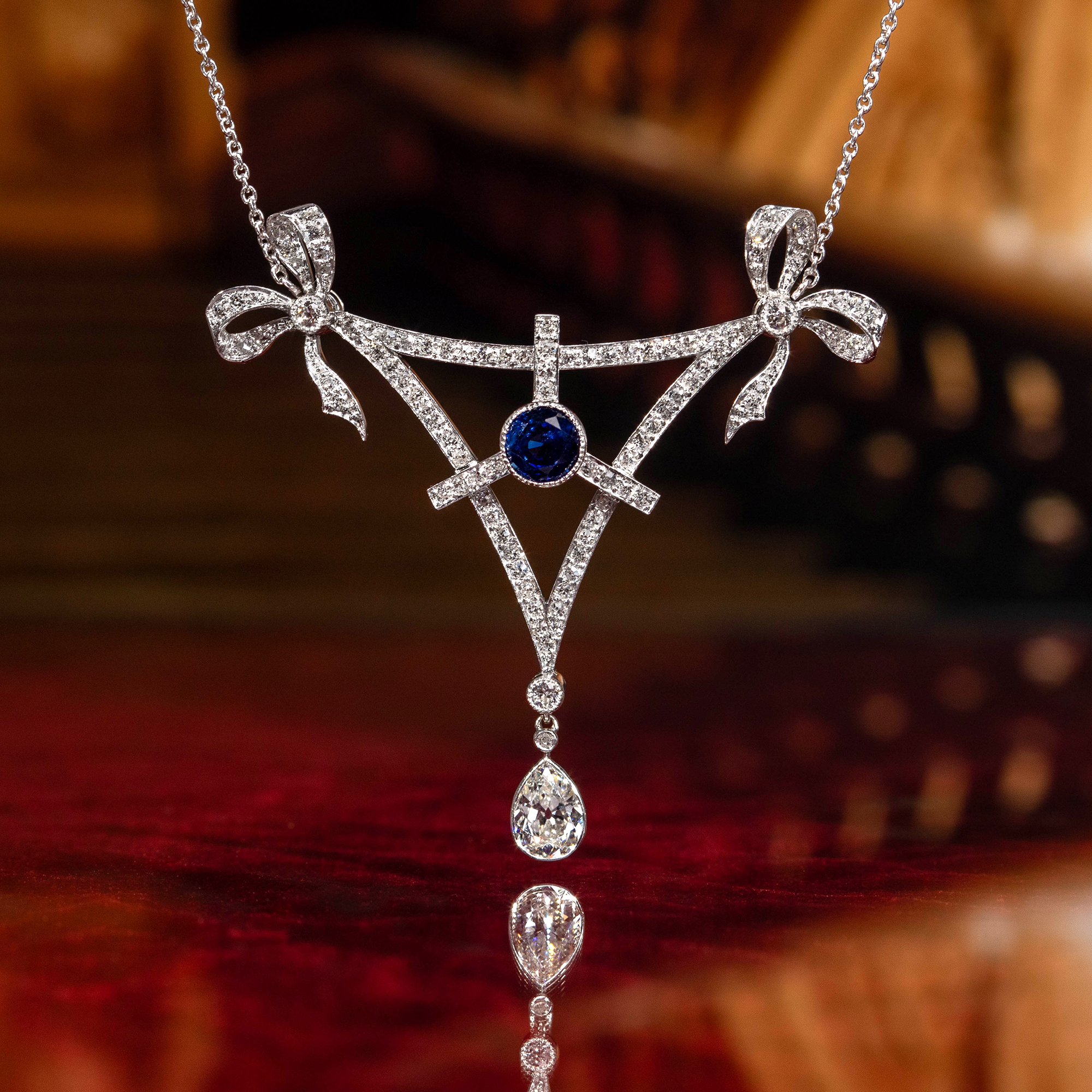 Antique Platinum Necklace with Sapphire & Diamonds, c. 1915