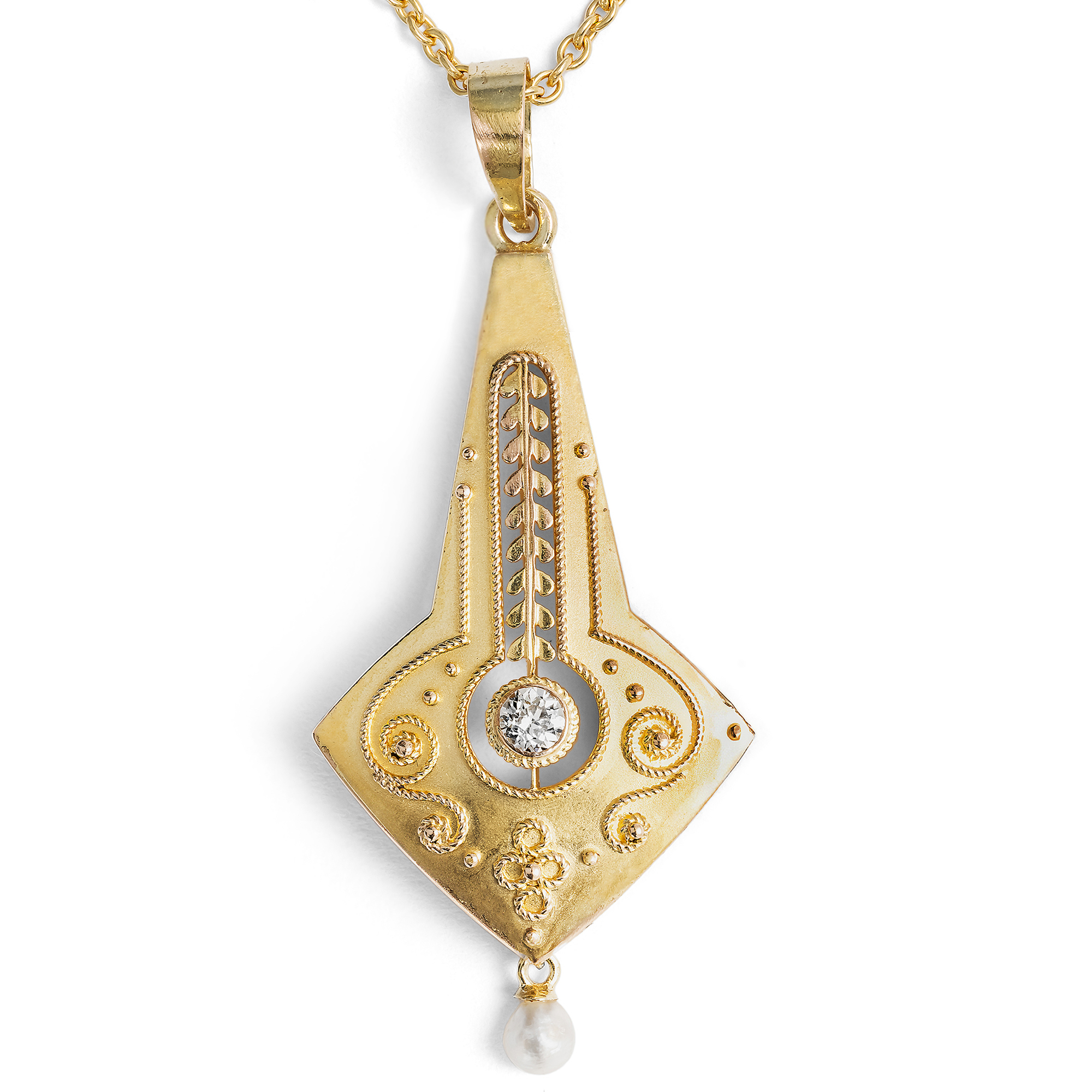 Antiker Anhänger mit Diamant & Naturperle in Gold von Wilhelm Müller, Berlin um 1910