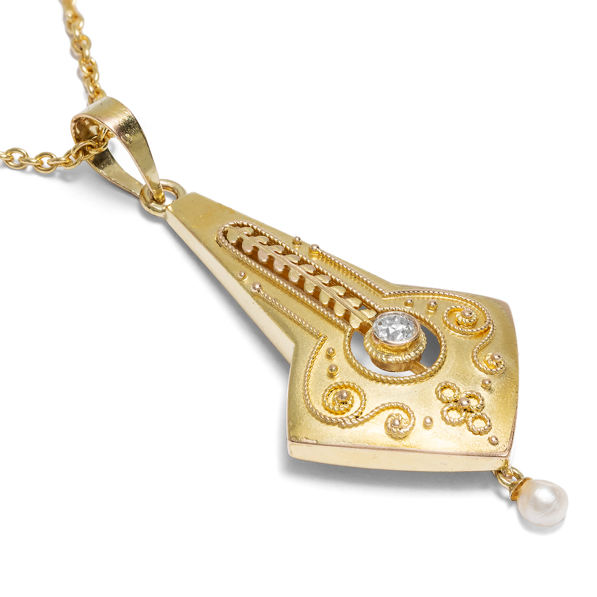 Antiker Anhänger mit Diamant & Naturperle in Gold von Wilhelm Müller, Berlin um 1910